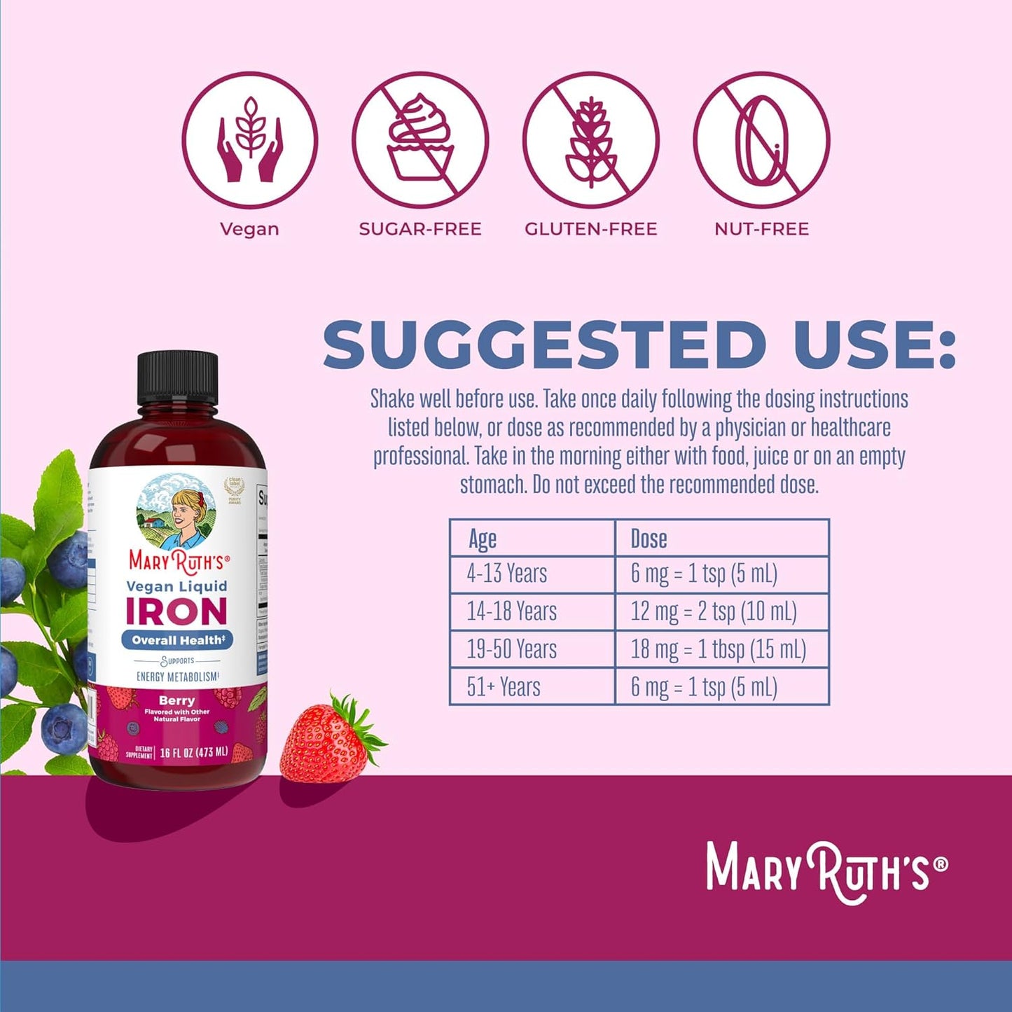 MaryRuth Organics Iron Supplement for Women Men & Kids, Liquid Iron Supplement for Women Men & Kids, Iron for Healthy Blood & Oxygen, Ages 4 & Up, Sugar Free, Vegan, Non-GMO, Gluten Free, 15.22 Fl Oz