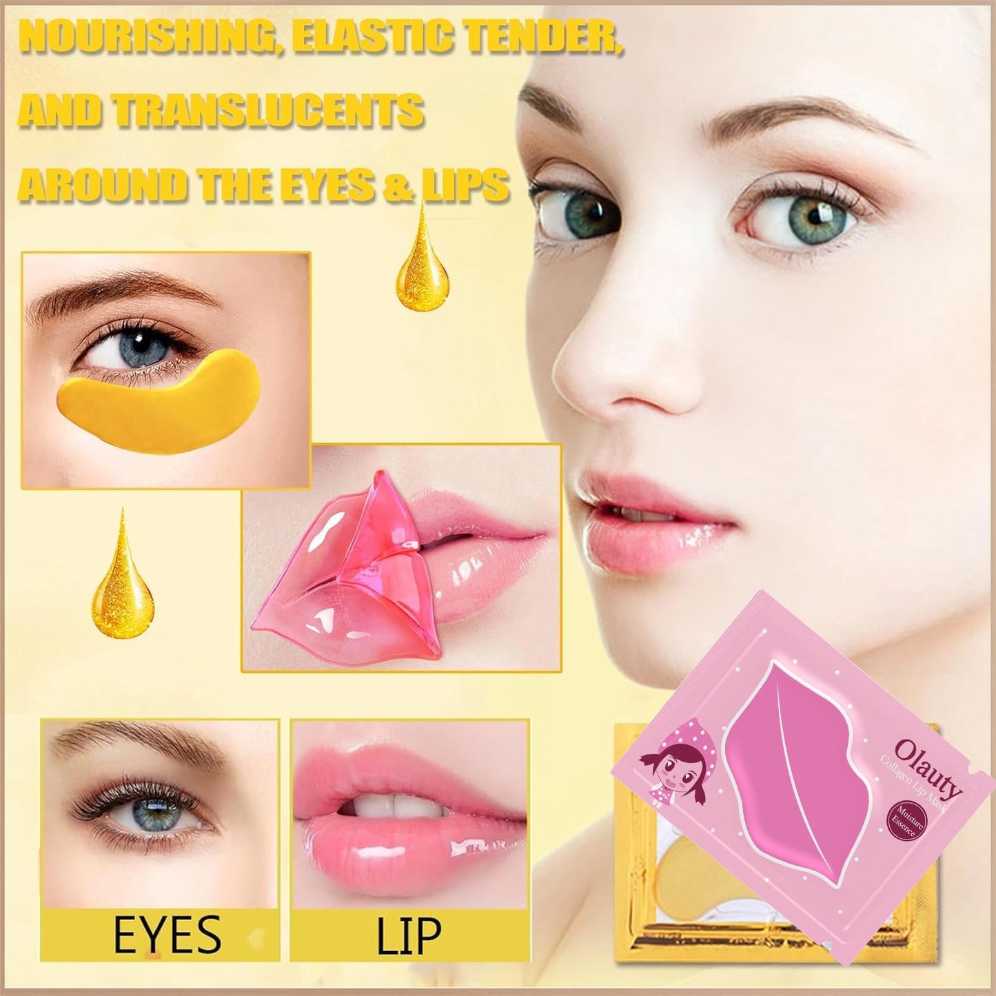 20 Pairs 24K Gold Eye Masks & Lip Masks, Crystal Collagen Eye Patches for Puffy Eyes, Effectively Moisturizing Lip & Eye Skin Care Reducing Fine Lines Dark Circleeye Patches