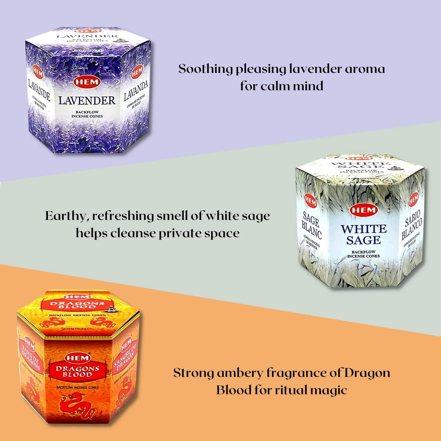 Hem Backflow Incense Cones Variety - Large Pack 240 Cones + 6 Type| Palo Santo, Lavender, Sandalwood, White sage, Patchouli & Dragons Blood