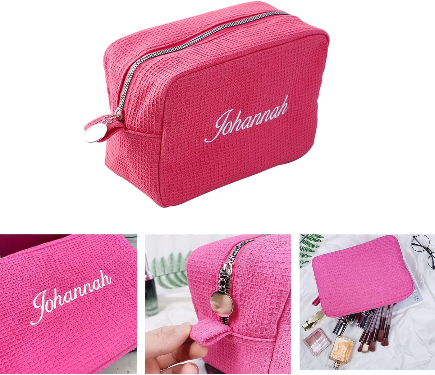 GOPHIE Personalized Embroidered Makeup Bag,Custom Waffle Fabric Cosmetic Pouch for Women, Travel Makeup Pouch (3, Hot Pink)