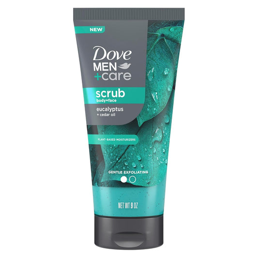 DOVE MEN + CARE Body and Face Scrub Eucalyptus Deeply Exfoliates for Hydrated & Nourished Skin 100% Gentle Cleanser, No Sulfate Cleansers or Parabens 9 oz