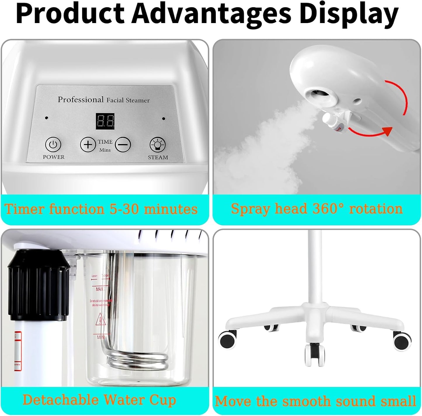 Professional Facial Steamer, Stand Ozone Face Steamer on Wheels, Adjustable Height and Angle,Estheticians Steamer More Steam,Hot Mist Facial Humidifier Atomizer for Spa Beauty, Home Use