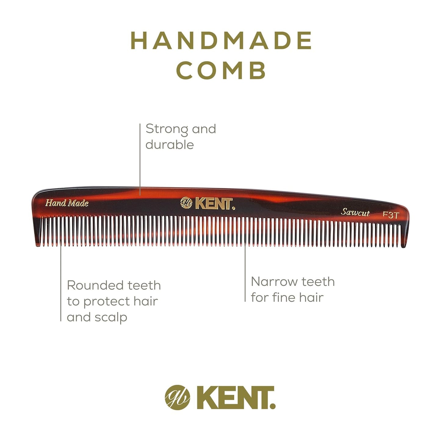 Kent F3T Black Graphite Fine Tooth Comb - Hair Parting and Straightening Comb for Men's & Women's Dandruff Remover, Saw Cut and Hand Polished Made in England