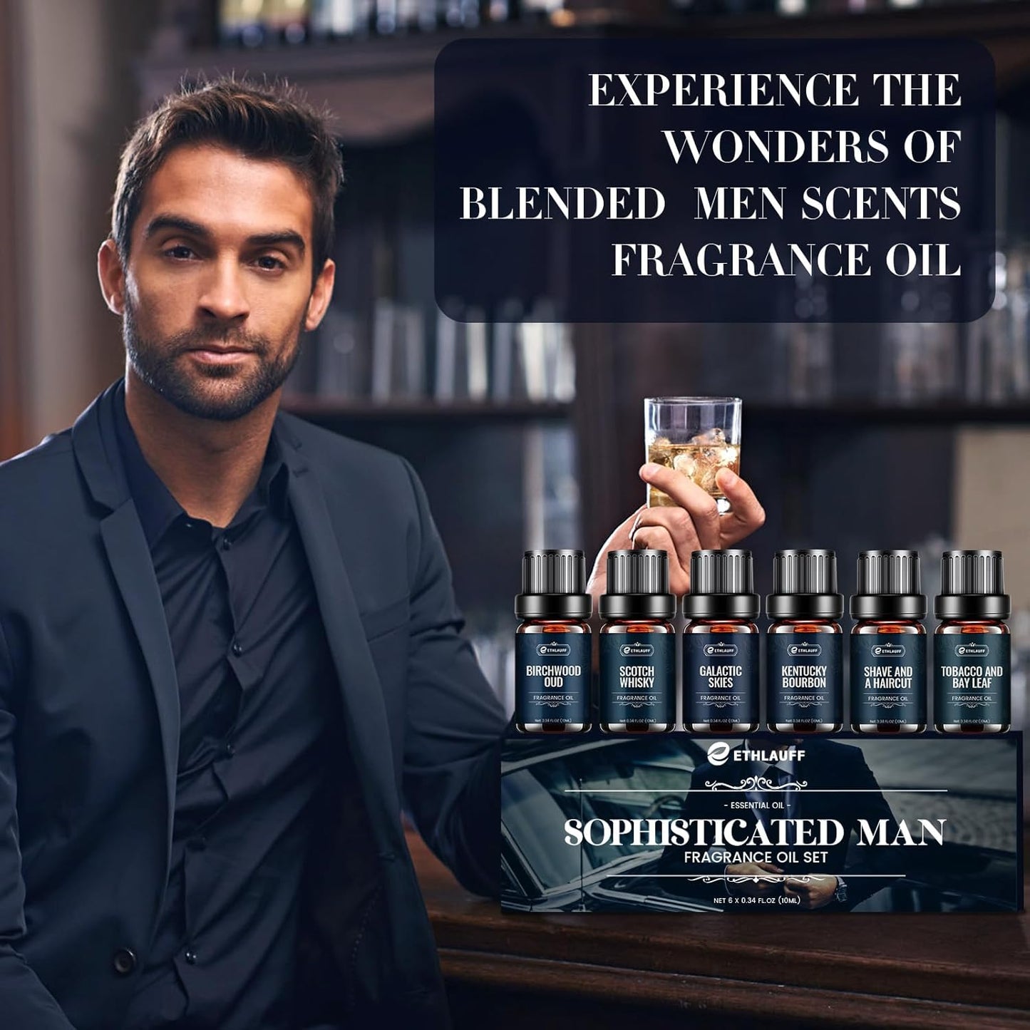 Men Essential Oils Set - TOP 6 Gentlemen's Fragrance Oil for Diffuser, Candle & Soap Making - Tobacco and Bay Leaf, Kentucky Bourbon, Galactic Skies, Scotch Whisky, Birchwood Oud