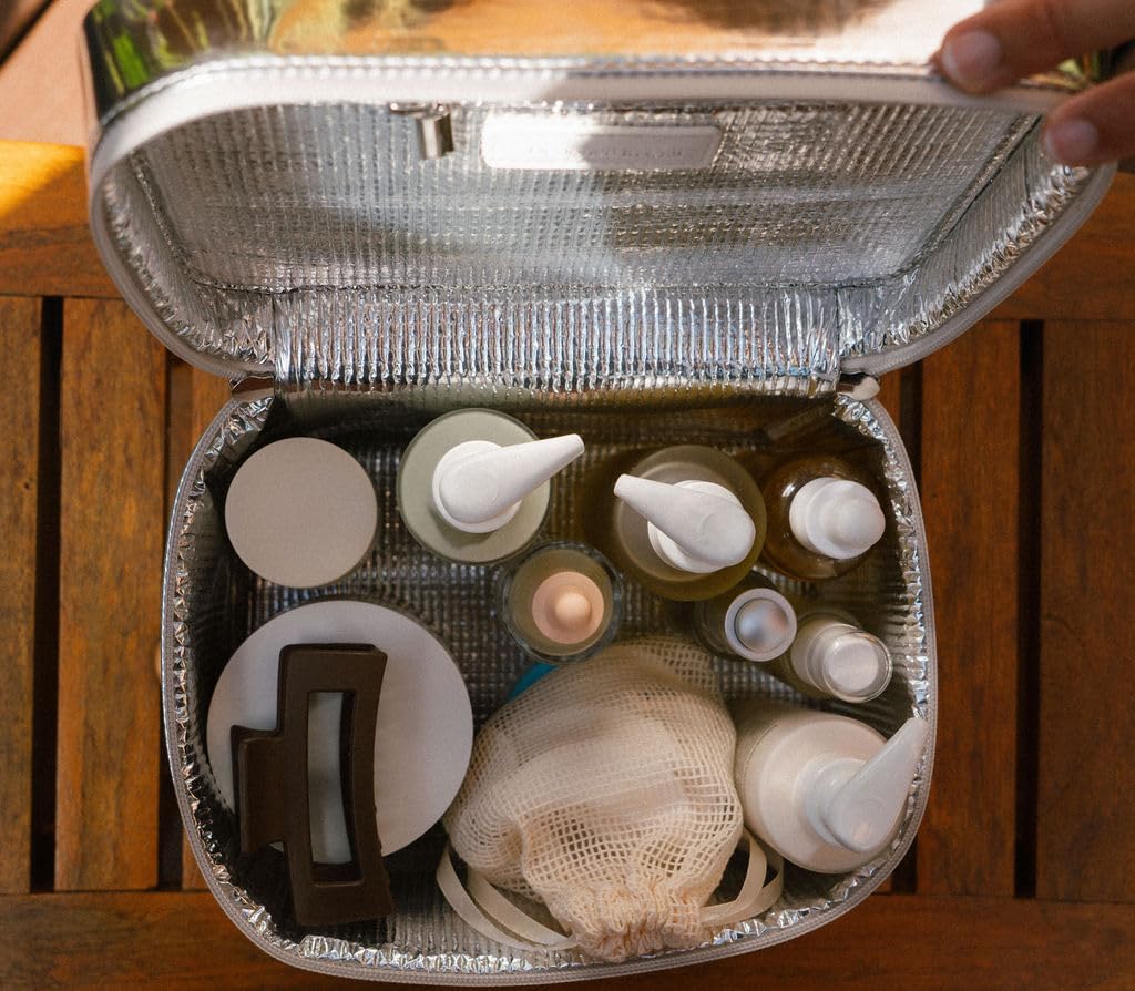 Large Insulated Metallic Silver Travel Makeup Case - Waterproof Vegan Leather Beauty Travel Skincare Bag - Heat-Resistant Zippered Designer Makeup Bag Shields Cosmetics from Melting, Freezing