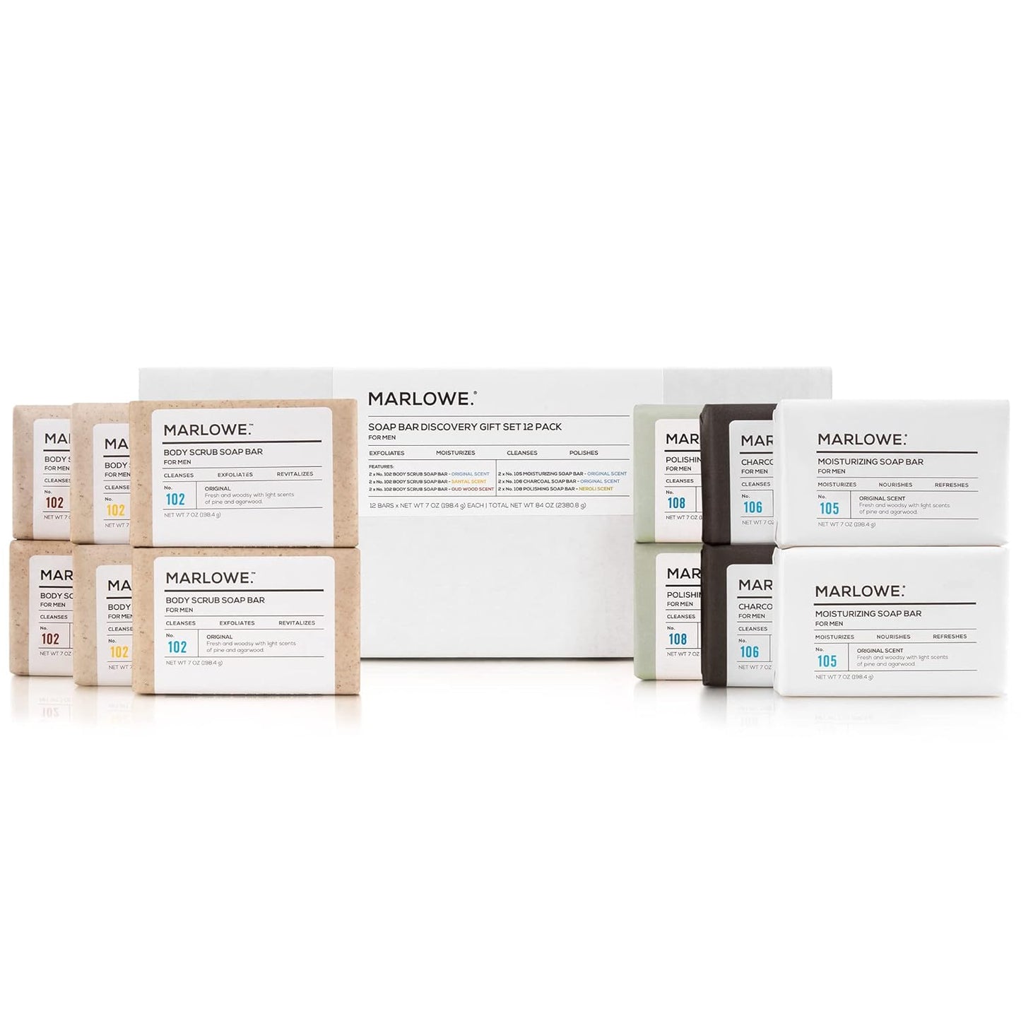 MARLOWE. Soap Bar Discovery Gift Set, Mens Skin Care Variety Selection of Exfoliating Body Scrub, Charcoal, Moisturizing & Polishing Body Bar Soaps for Men, 12 Pack