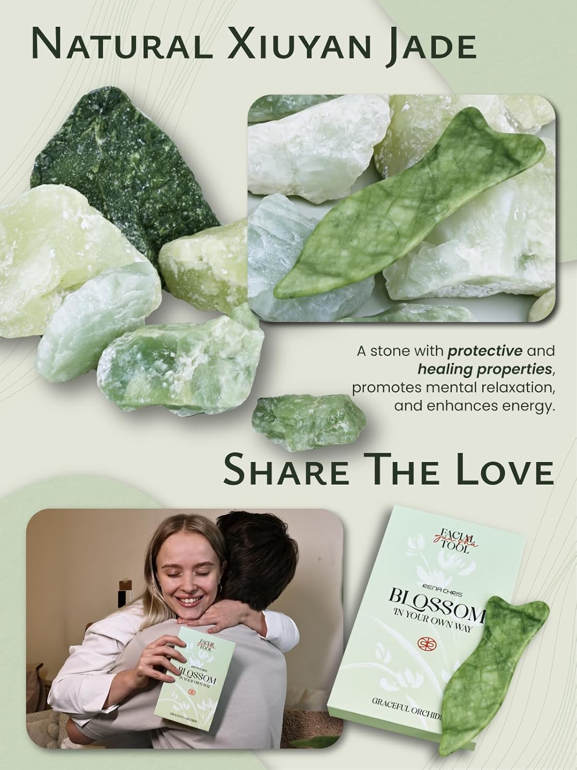 Rena Chris Natural Jade Gua Sha Facial Tools - Acupressure & Gua Sha for Face Massage, Jawline Sculpting, Puffiness Reduction, Guasha Skin Care Tool with Carry Pouch and Cleaning Cloth
