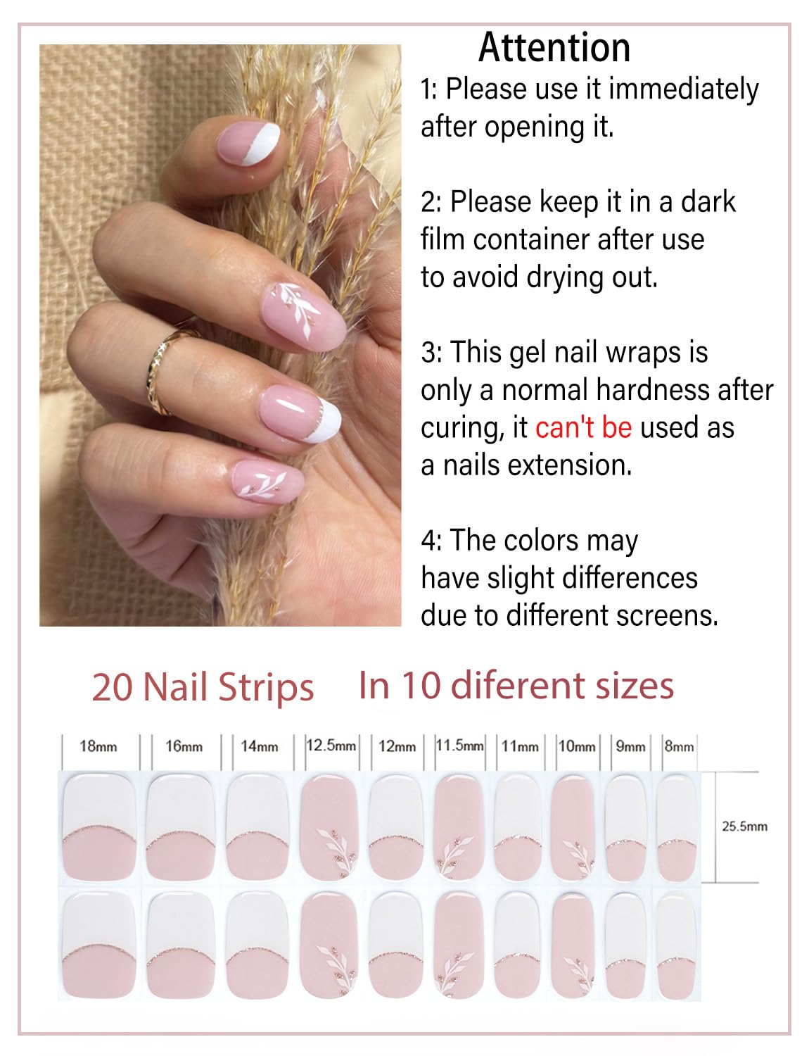 Semi Cured Gel Nail Strips, 20pcs French Leaf, Glitter, Gel Nail Stickers UV for Home Nails DIY