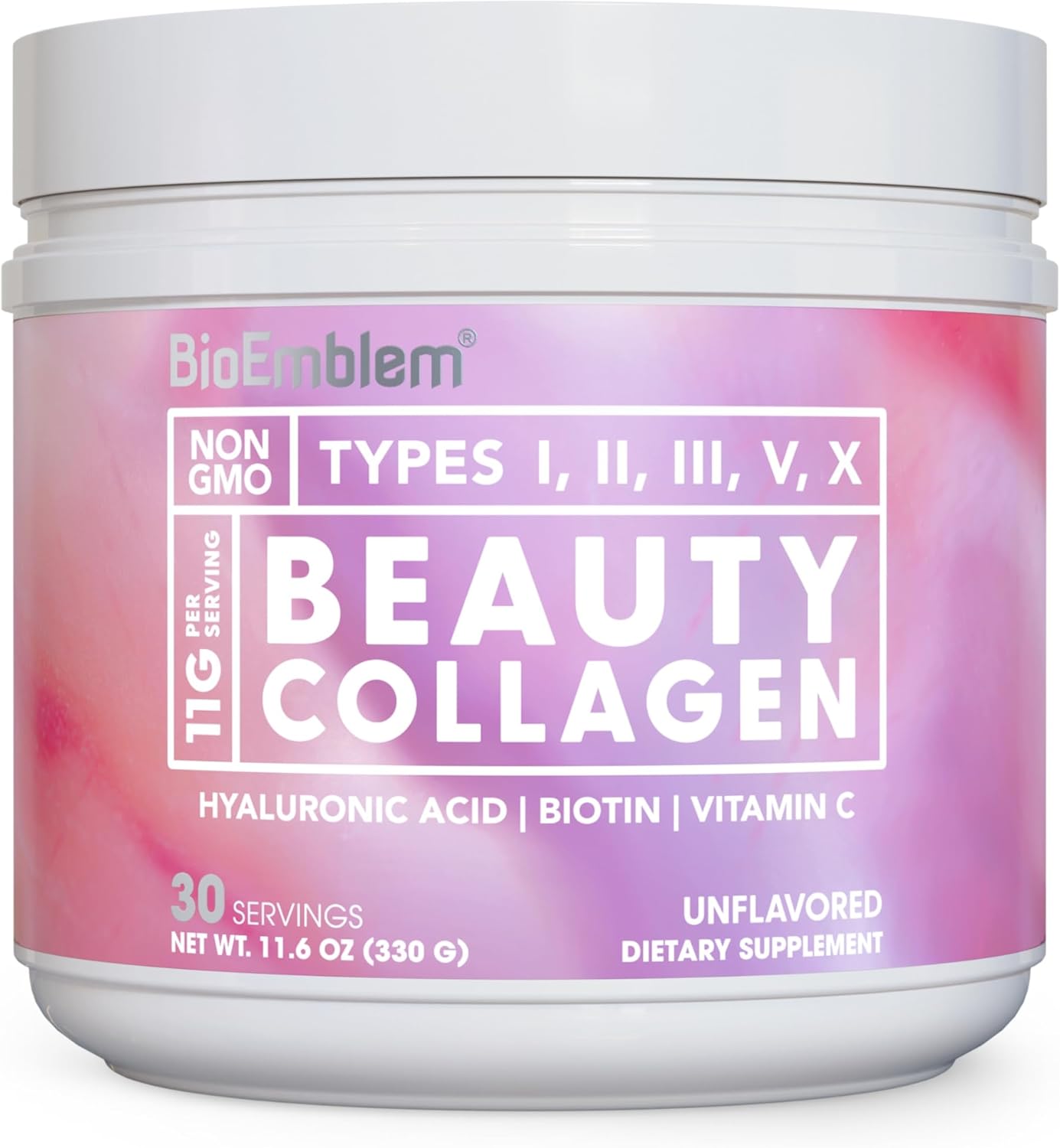 BioEmblem Beauty Collagen - 11G Hydrolyzed Multi-Collagen Peptides, Hyaluronic Acid, Vitamin C & Biotin - Bovine, Fish & Eggshell Membrane Collagen - Skin, Hair, Nail, & Joint Health - 30 Servings