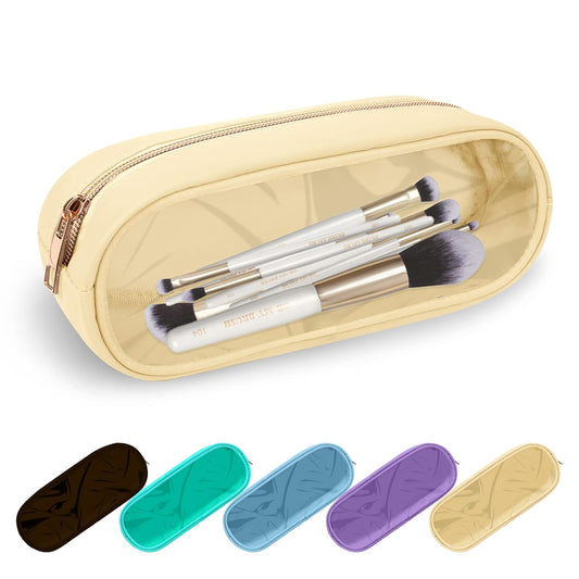 Clear Small Pencil Pouch Makeup Bag for Purse,Nylon&PVC Pencil Case Waterproof Makeup Brush Holder with Zipper,Preppy Transparent Pen Bag Travel Cosmetic Bag for Women Men Office(Slim-Beige)