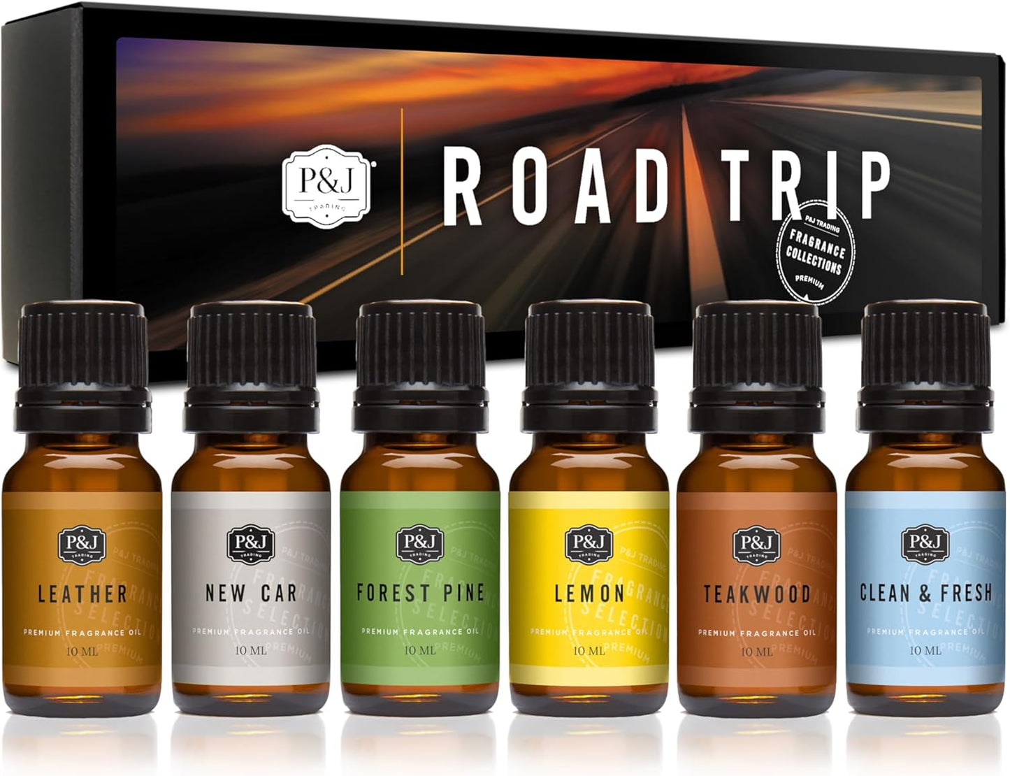 P&J Trading Road Trip Car Fragrance Oil Set – 6 Premium Scents - New Car, Leather, Forest Pine, Lemon, Clean & Fresh, Teakwood – for Car Diffusers, Air Fresheners, Auto Detailing & DIY Crafts