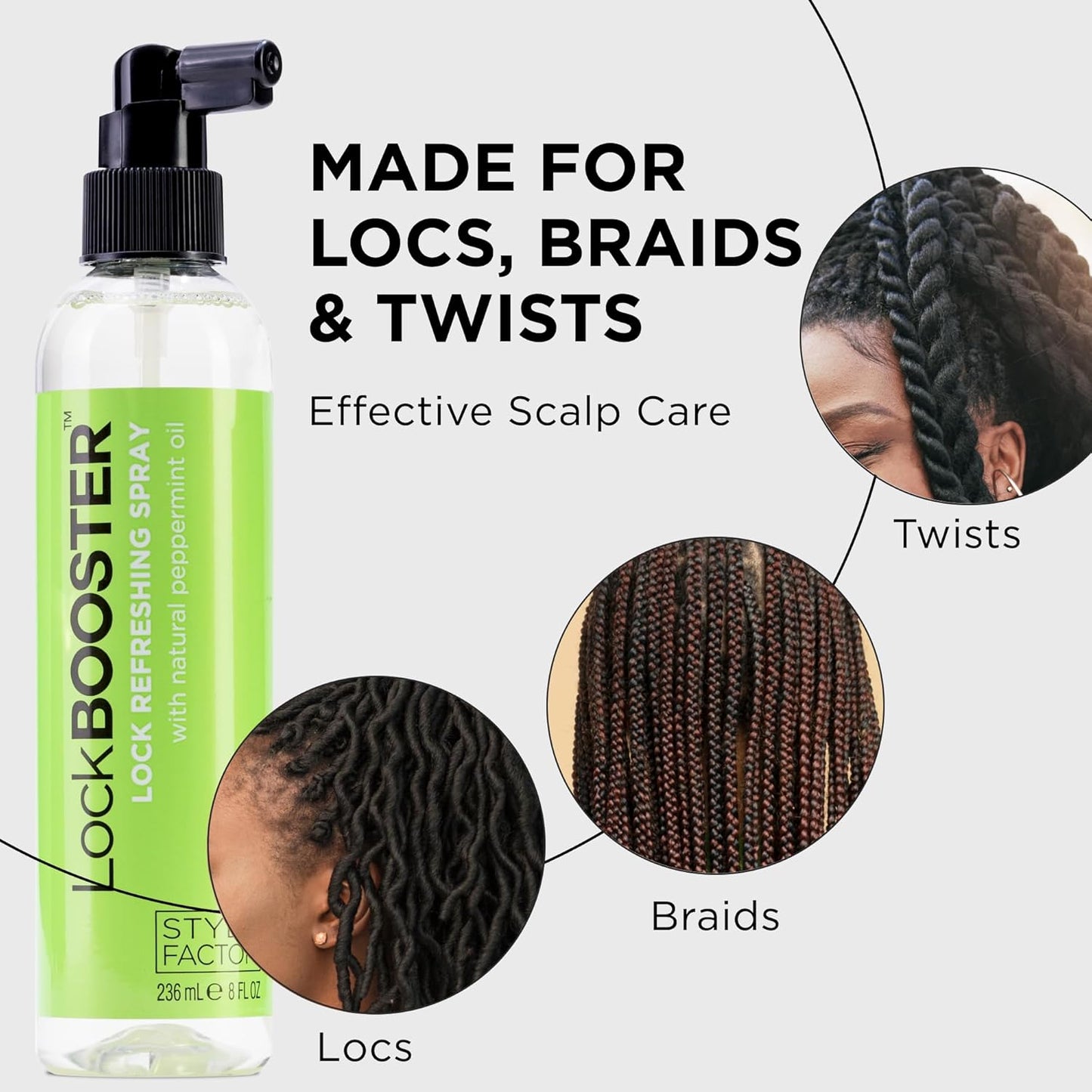 Style Factor LockBOOSTER Lock Refreshing Spray – Hydrating & Cooling Mist for Braids, Locs & Twists – Alcohol-Free Formula with Peppermint –Refresh Hair & Scalp 8 oz