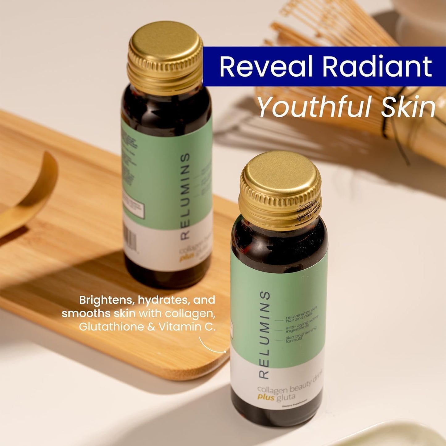 Relumins Advanced Collagen Beauty Drink with Glutathione, Hyaluronic Acid & Antioxidants - Post-Summer Skin Recovery & Shots for Radiant Skin, Hair & Nails - Apple Flavor - 10 Bottles x 50mL