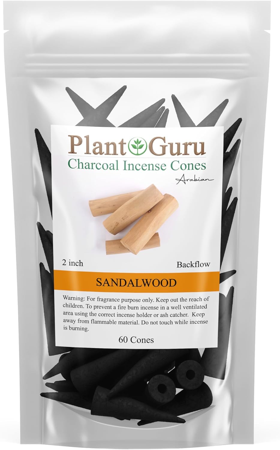 Sandalwood Charcoal Incense Cones 2" BACKFLOW - 60 Pack Bulk - Natural Scented Cones Handmade Hand Dipped