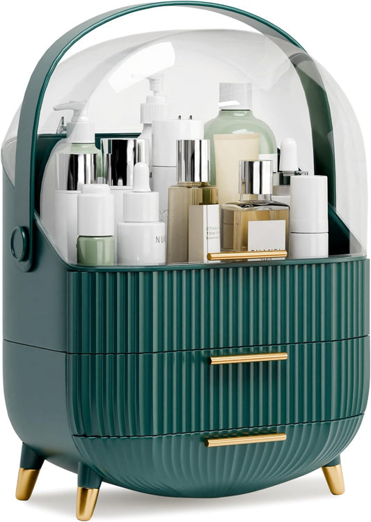 Makeup Organizers and Storage Make up Organizer for Vanity Cosmetics Skincare With Lid and Drawers Display Cases for Countertop Bathroom Women Teenager Girl Gifts(Dark Green)