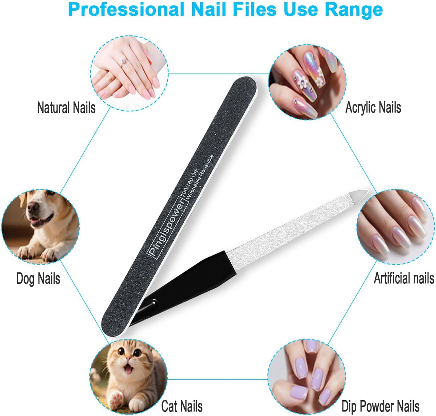 Nail File Set, 14PCS Professional Metal & Emery Board Files for Natural & Acrylic Nails(100/180 Grit), Double Sided Reusable & Washable Nail Care Manicure Kit for Women Home & Salon