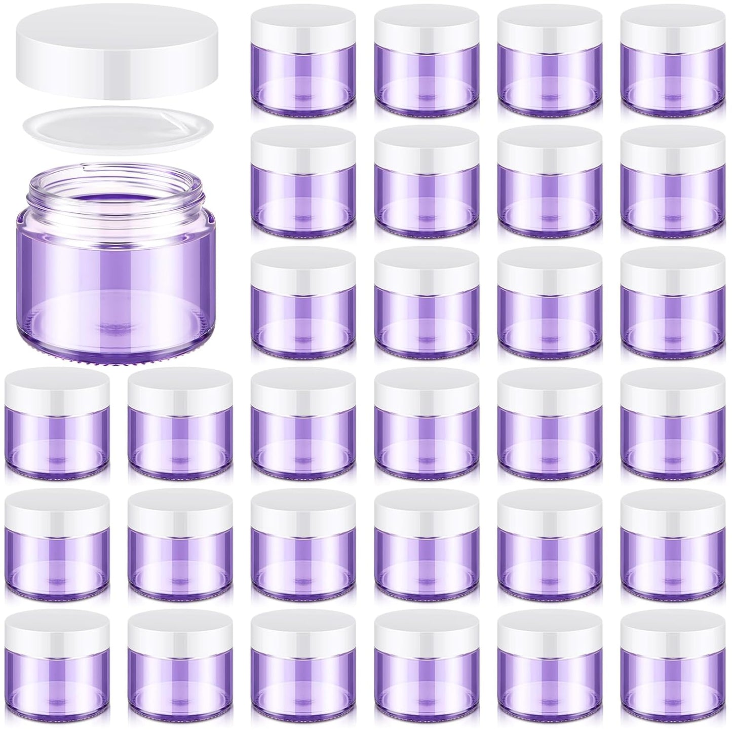 Domensi 32 Pcs 2 oz Glass Jars with Lids Travel Size Round Leakproof Empty Cosmetic Jars with Inner Liners Lid for Storing Makeup Lotions Face Cream Ointments Candle DIY Making (Light Purple)