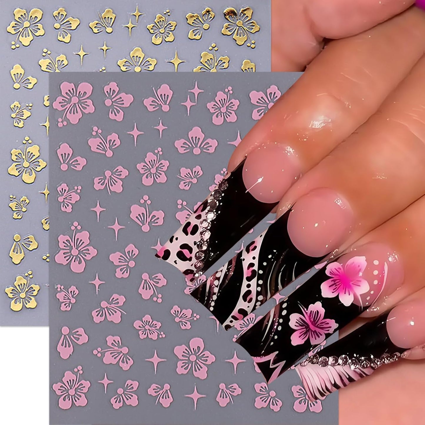 10 Sheets Hibiscus Flower Nail Stickers for Nail Art Petal Floral Nail Art Decals 3D Self-Adhesive Pink Blue Gold Silver Hibiscus Nail Design Pegatinas Uñas for Women DIY Manicure Decor Accessories