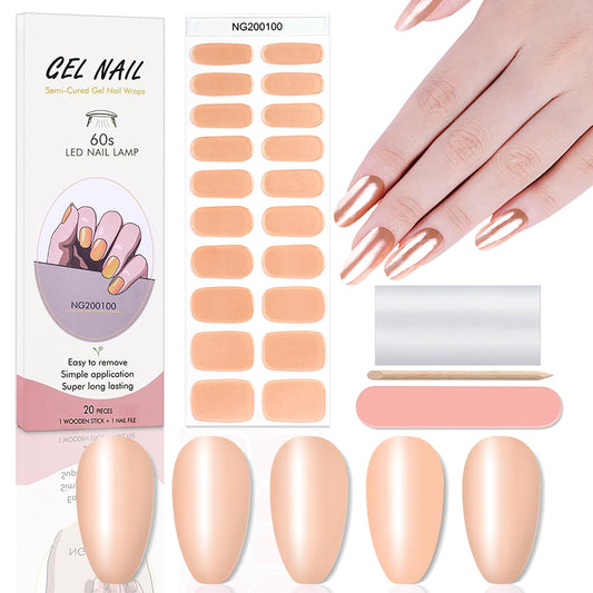 WOKOTO 20 Pcs Chrome Peach Pink Semi Cured Gel Nail Strips with Nail File & Wooden Stick Holographic Nail Gel Strips UV Light Gel Nail Stickers Full Nail Wraps Stick On Nails Color Strips for Women