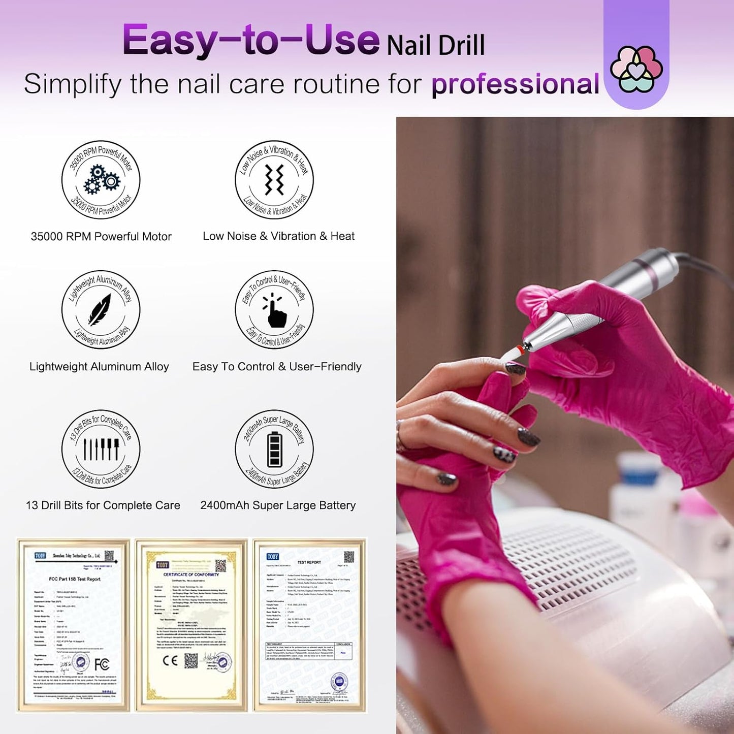 SAVILAND Portable Electric Nail Drill: 35000RPM Nail Drill 10 Hours Efile Portable Rechargeable Nail Machine 13 Drill Bits Ceramic Drill Bit Grey Purple Nail File Home Use Manicure Pedicure