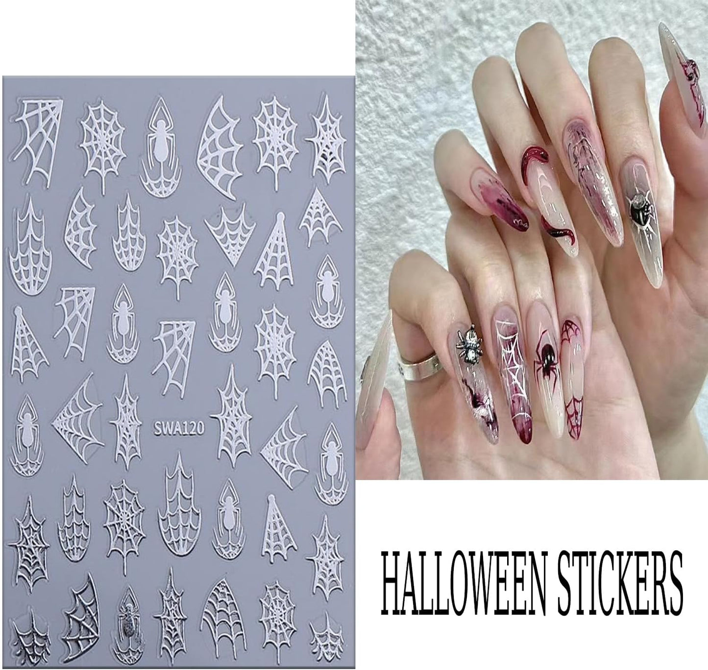 6 Sheets Halloween Spider Web Nail Art Stickers 3D Self -Adhesive Spider Web and Spider Nail Decals Holographic Black Gold Silver Nail Stickers Halloween Nail Decoration for Women Manicure Supplies