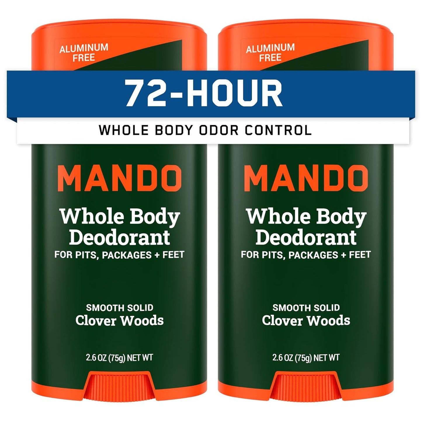 Mando Whole Body Deodorant For Men - Smooth Solid Stick - 72 Hour Odor Control - Aluminum Free, Baking Soda Free, Skin Safe - 2.6 Ounce (Pack of 2) - Clover Woods
