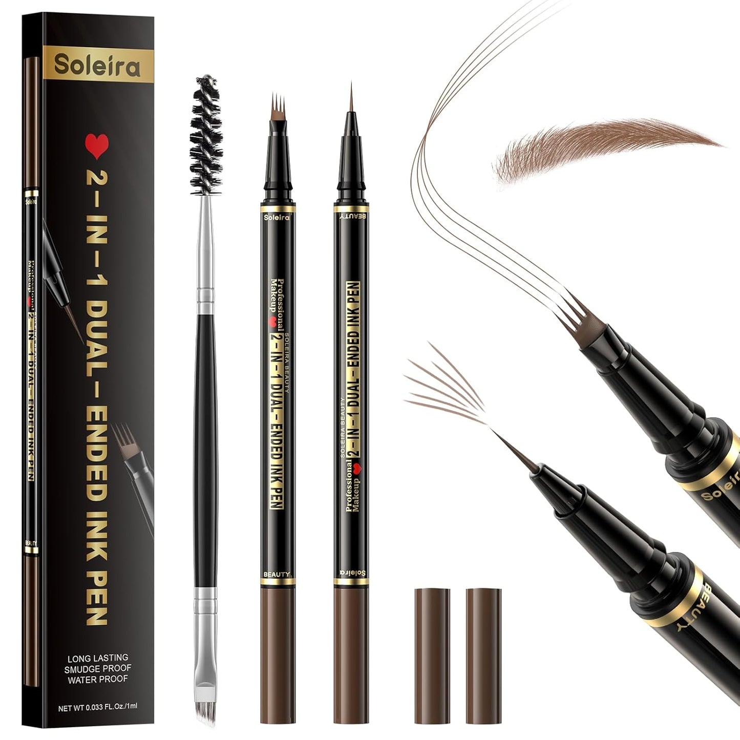 Eyebrow Pen, Soleira Waterproof Eyebrow Pencil with 4 Tip Microblading Eyebrow Pen and Dual-ended Eyebrow Brush, for Natural-Looking Brows, Long-Lasting, Soft Brown