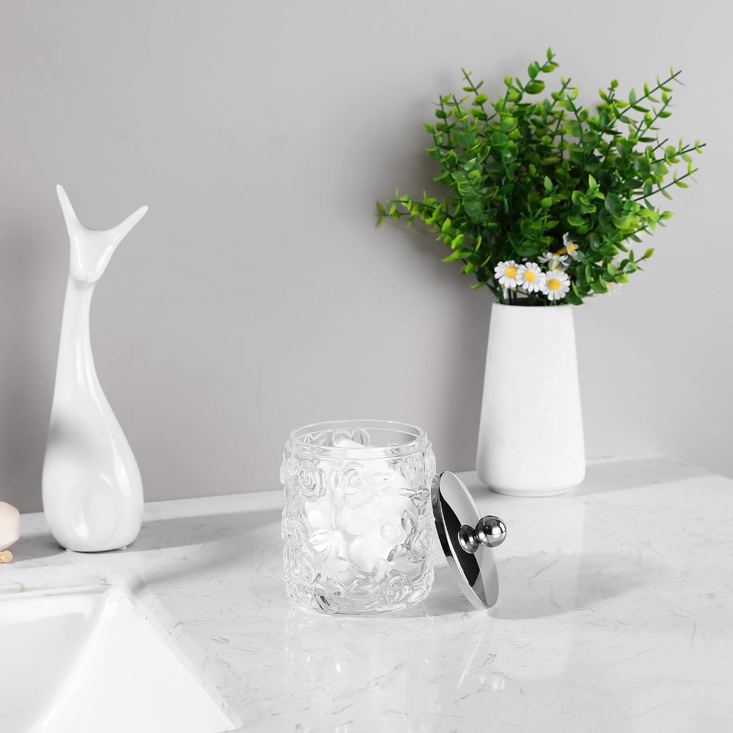 Home Glass Cotton Jar Holder Silver Lid, Elegant Bathroom Storage Canister for Qtips, Cotton Balls, Floss, Makeup Organizer, Vanity Bathroom Organization