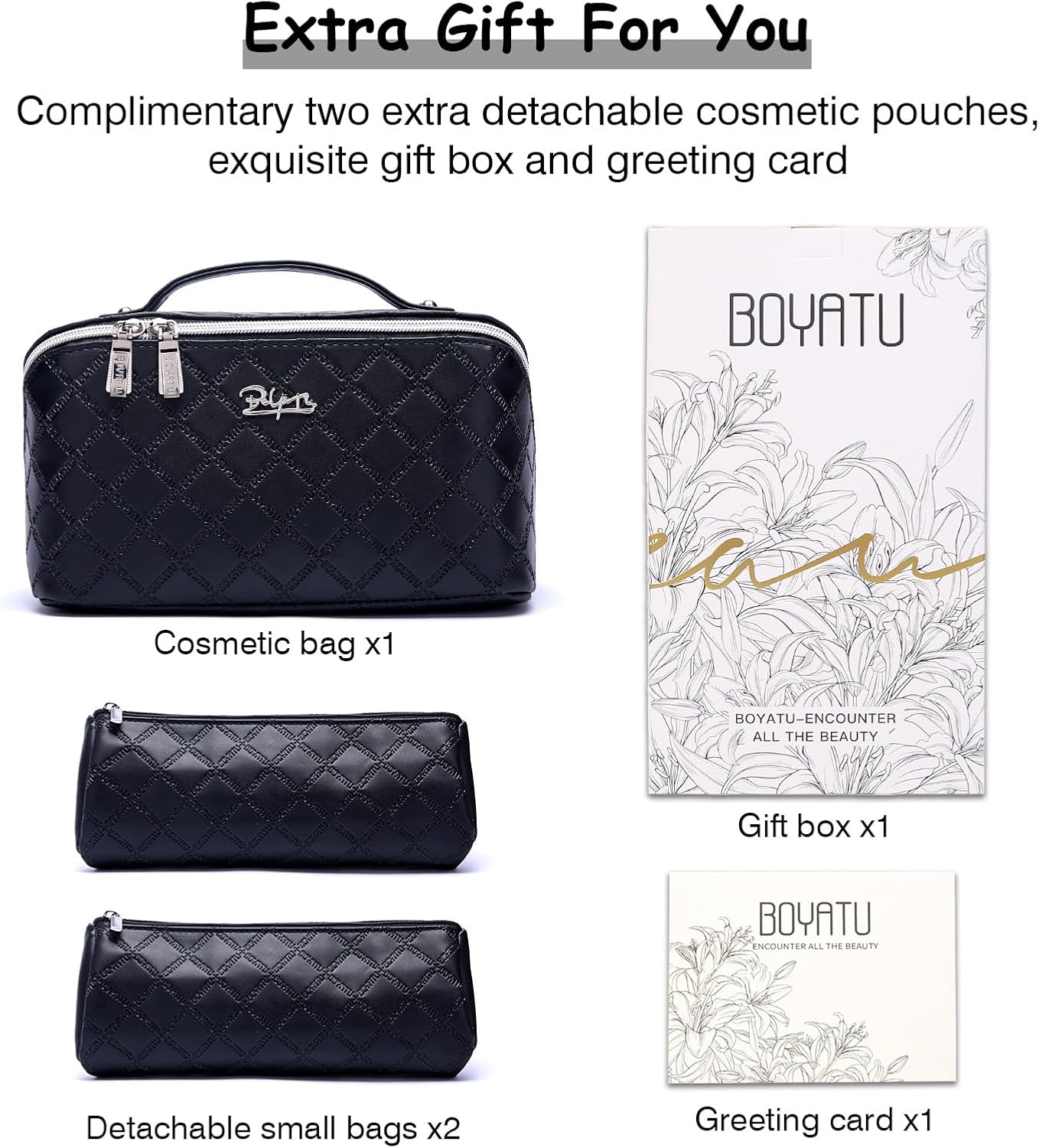 BOYATU Travel Makeup Bags Cosmetic Organizer Bag: 3-Set Large Capacity Make up Bag - PU Leather Toiletry Bags for Women - Wide Open Portable Pouch with Divider & Handle (07-Black 6)