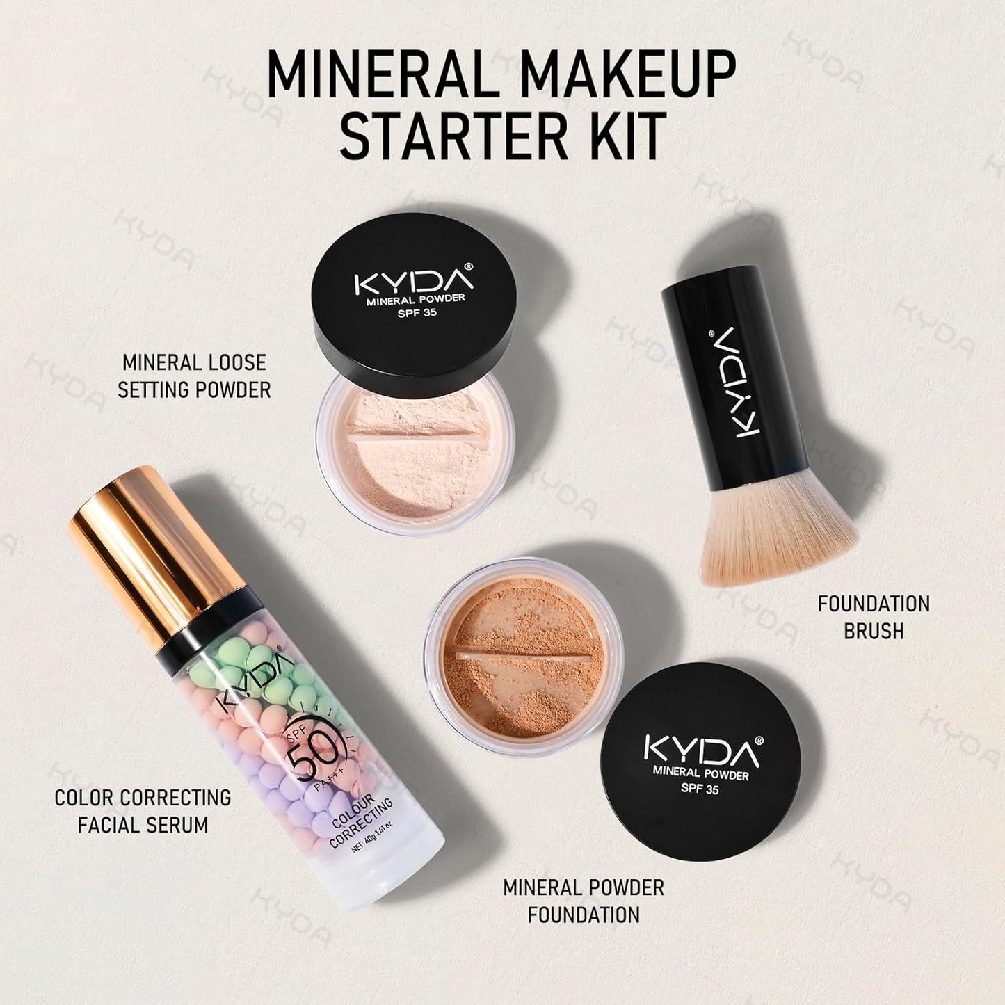 KYDA Mineral Makeup Kit, Includes SPF 50 Color Correcting Primer, SPF 35 Loose Powder Foundation + Translucent Loose Setting Powder, Foundation Brush, Makeup Starter Set, Travel Size - Fair Light