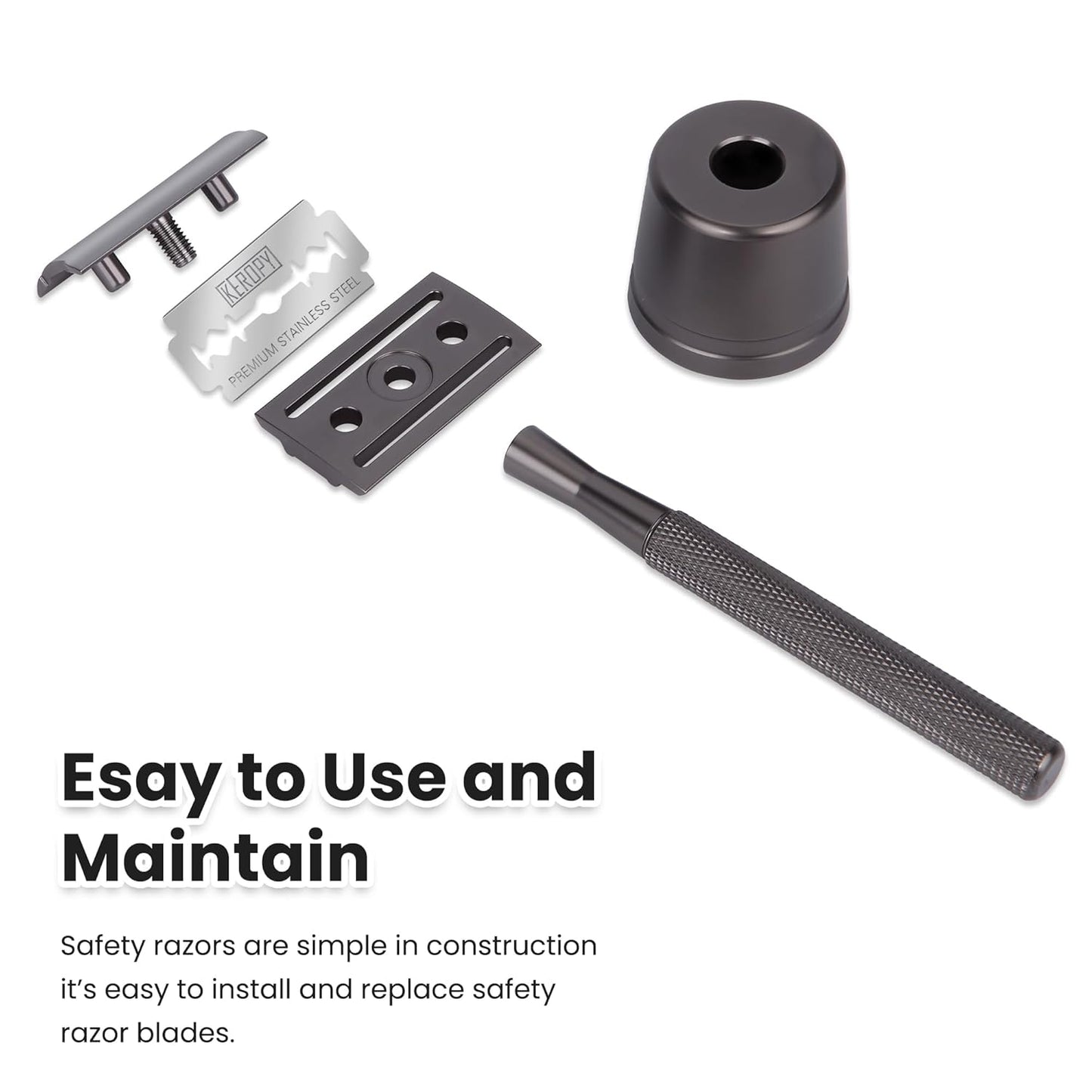 Double Edge Razor With Stand and 10 Premium Stainless Steel Blade Safety Razors For Men Shaving Razor, Matte Black Double Edge Safety Razor, Gun Black