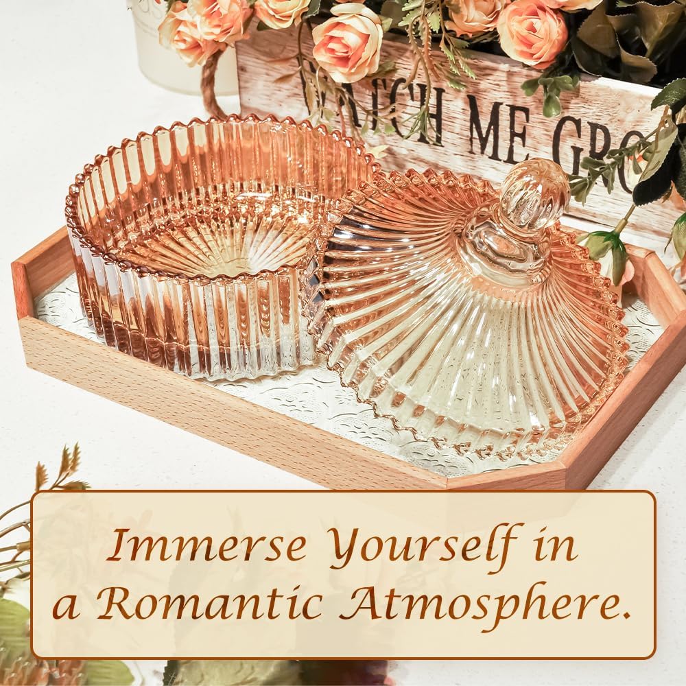 R FLORY 2 Pack Qtip Holder Apothecary Jars with Lids Glass Q Tip Holder for Bathroom Set Decorative Jars Crystal Bowl Jar Organizer for Cotton Swabs, Balls, Pads, Floss Picks (Amber,10+24oz)