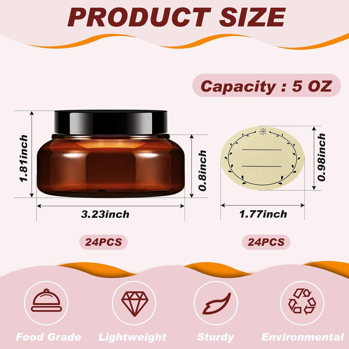 Tessco 24 Pack Plastic Jars with Lids Labels Empty Clear Plastic Jars Round Refillable Cosmetic Containers Body Butter Containers Bulk Sugar Scrub Bottle for Make Up(5 oz,Brown)