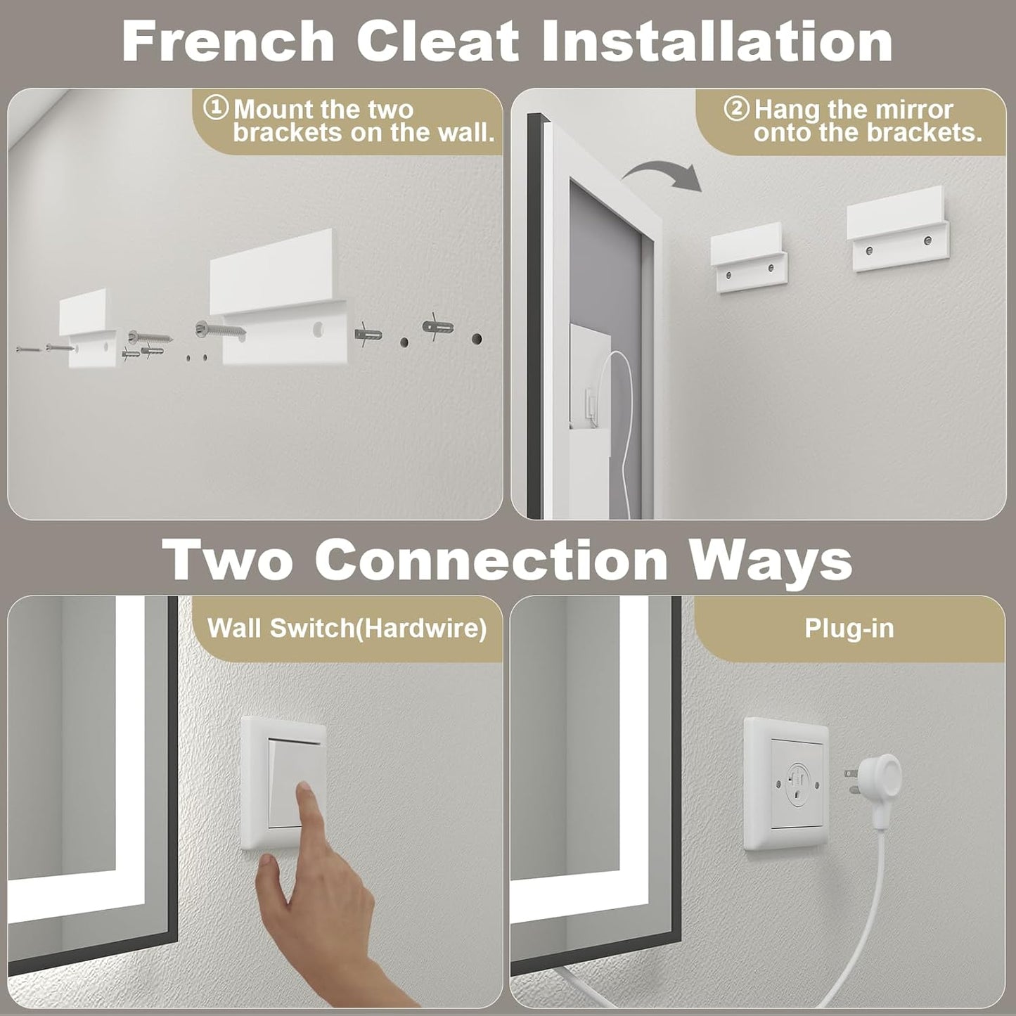 OKPAL 44x36 Lighted Bathroom Mirrors, Black Framed LED Bathroom Mirror, Defogger, Dimmable, Shatterproof, Memory, 3 Colors, ETL Listed (Front Light and Backlit)