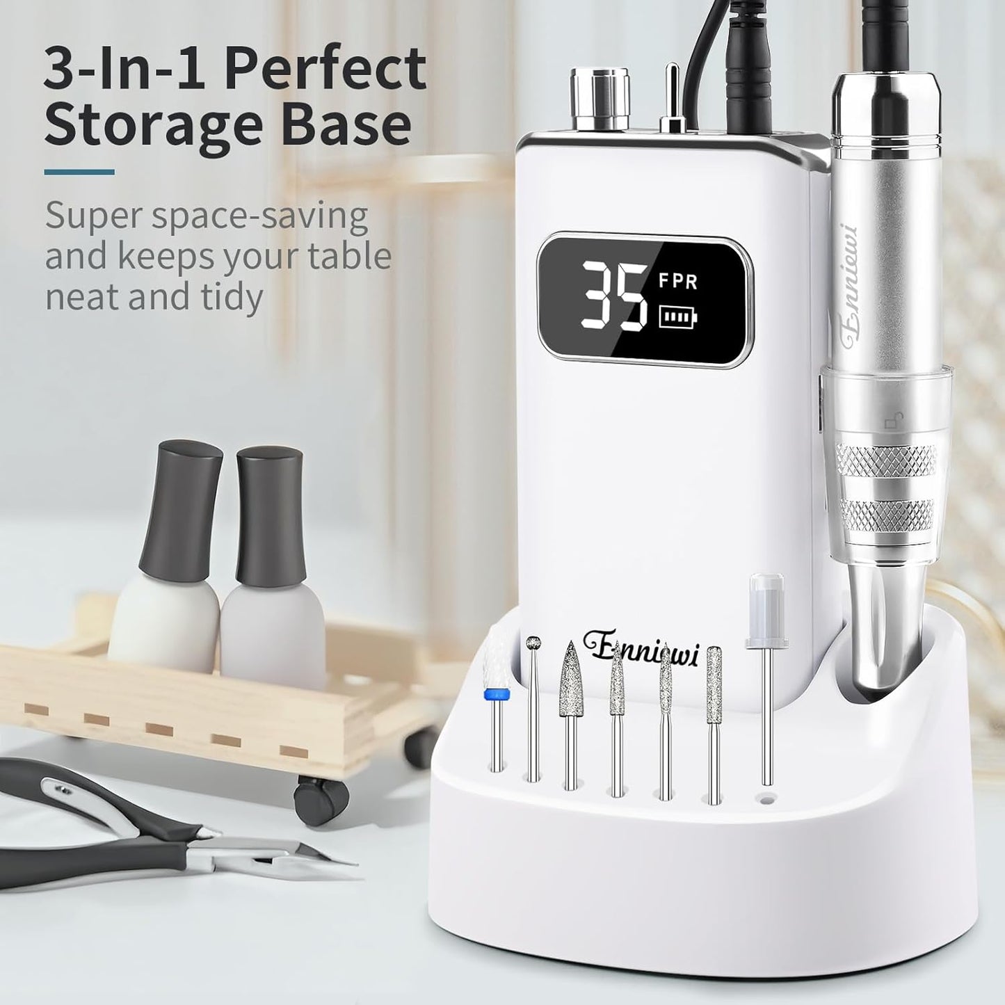 Electric Nail Drill File, Professional Portable Nails Drills Kit with Rechargeable Base 7 uñas Bits, Cordless Efile for Poly Gel Acrylic Nails Remover Home Salon Pedicure Manicure Tool, White