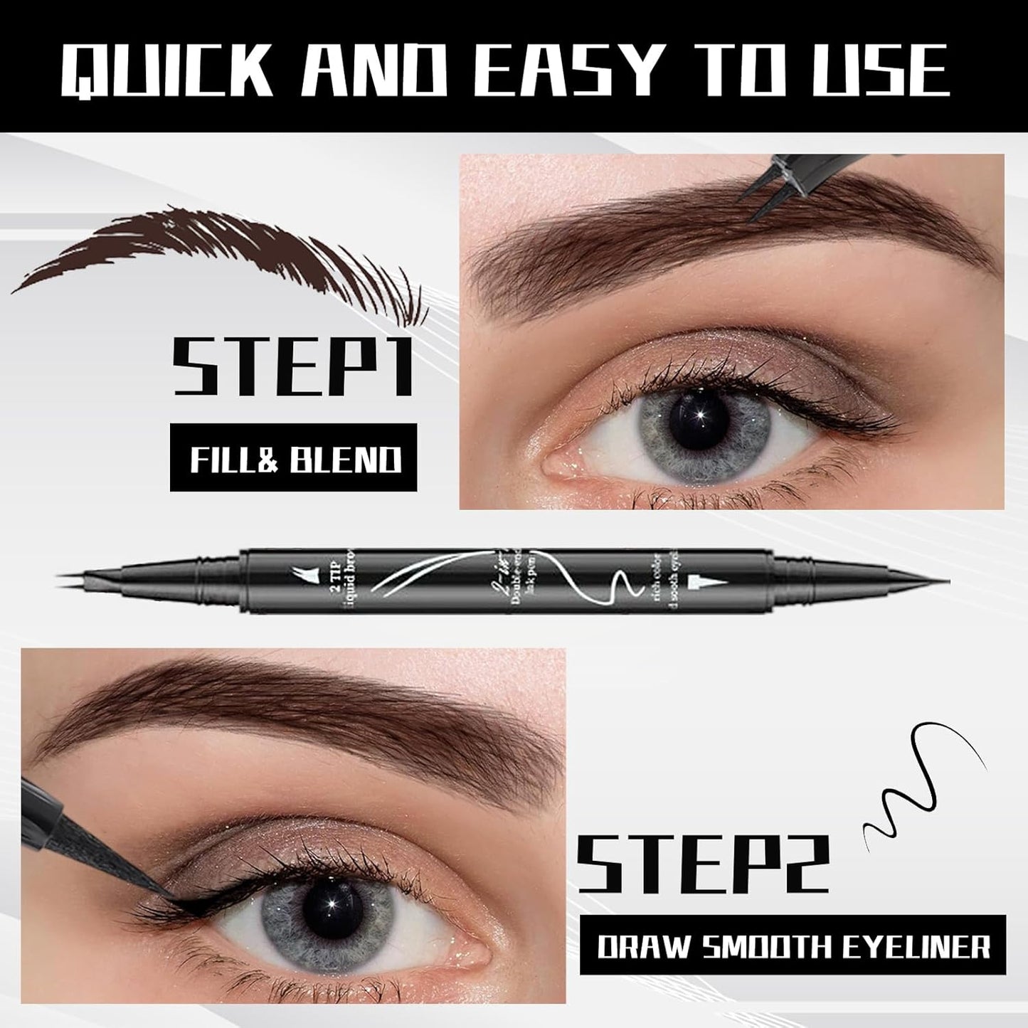 Curved 2 Tip Eyebrow Pen-Brown Eyebrow Pencil With Black Eyeliner 2-in-1 Dual-Ended Create Natural Hair-Like Brows,Waterproof,Smudge Proof,Long Lasting All-Day