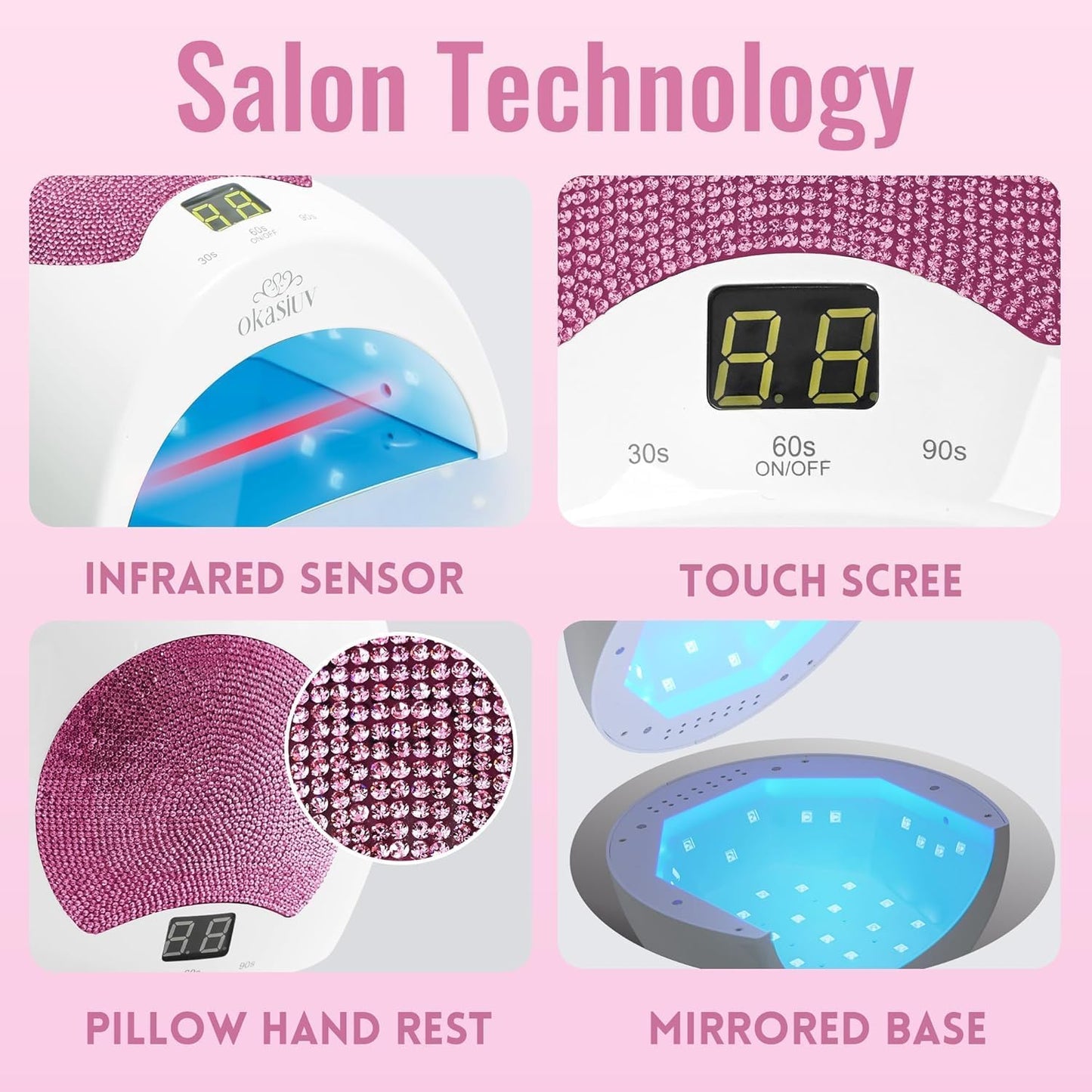 Rechargeable UV LED Nail Lamp with Diamond Design & Touch Control - 3 Timer Settings, Fast Curing for All Gel Polishes, Portable UV Nail Dryer for Professional Salon & Home (Pink)