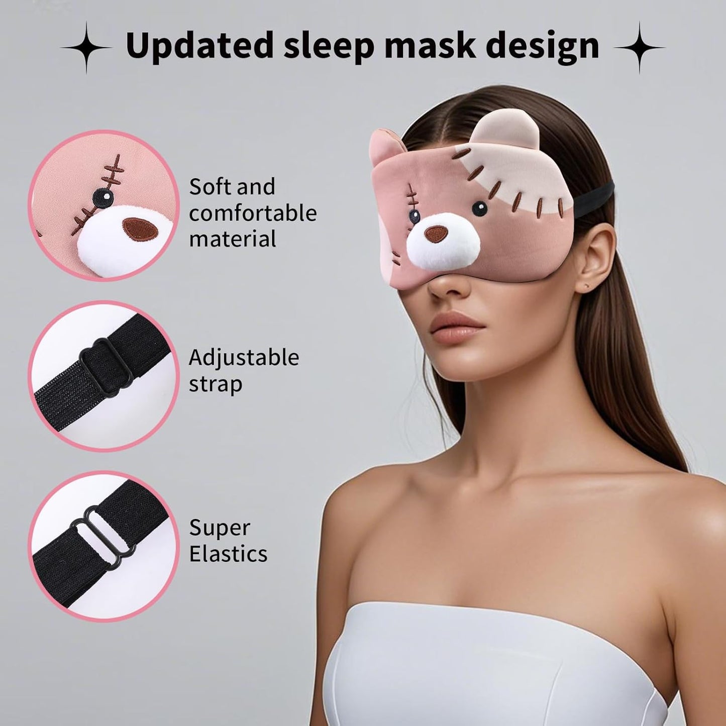PERFECTSIGHT Sleep Eye Masks, Cute Plush Sleep Eye Cover Lightweight Adjustable Eyeshade Faux Fur Mask Cover for Women Men Kids Sleep Travel Nap, Big Eye Girl, Purple Nose, Brown Pudding Bear