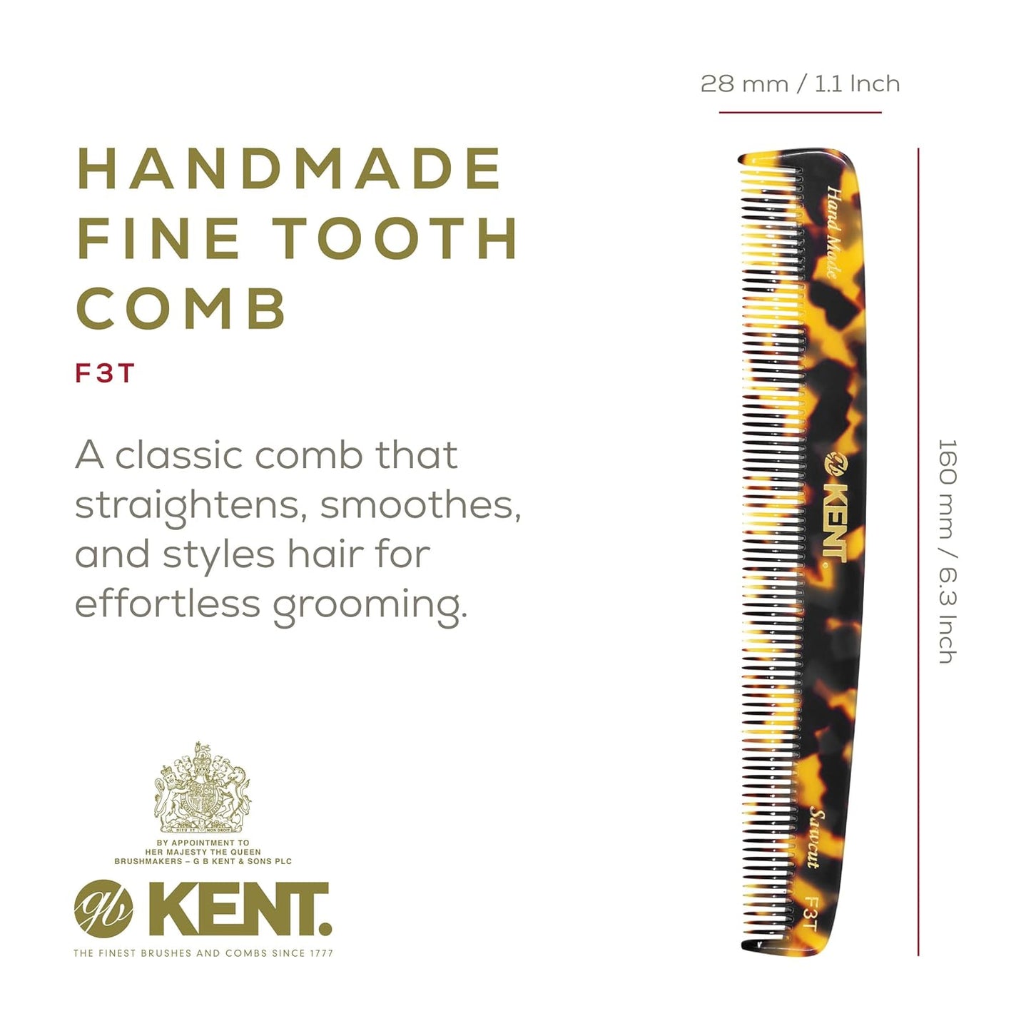 Kent F3T TY Fine Tooth Comb - Hair Parting and Straightening Comb for Men's & Women's Dandruff Remover, Saw Cut and Hand Polished Made in England