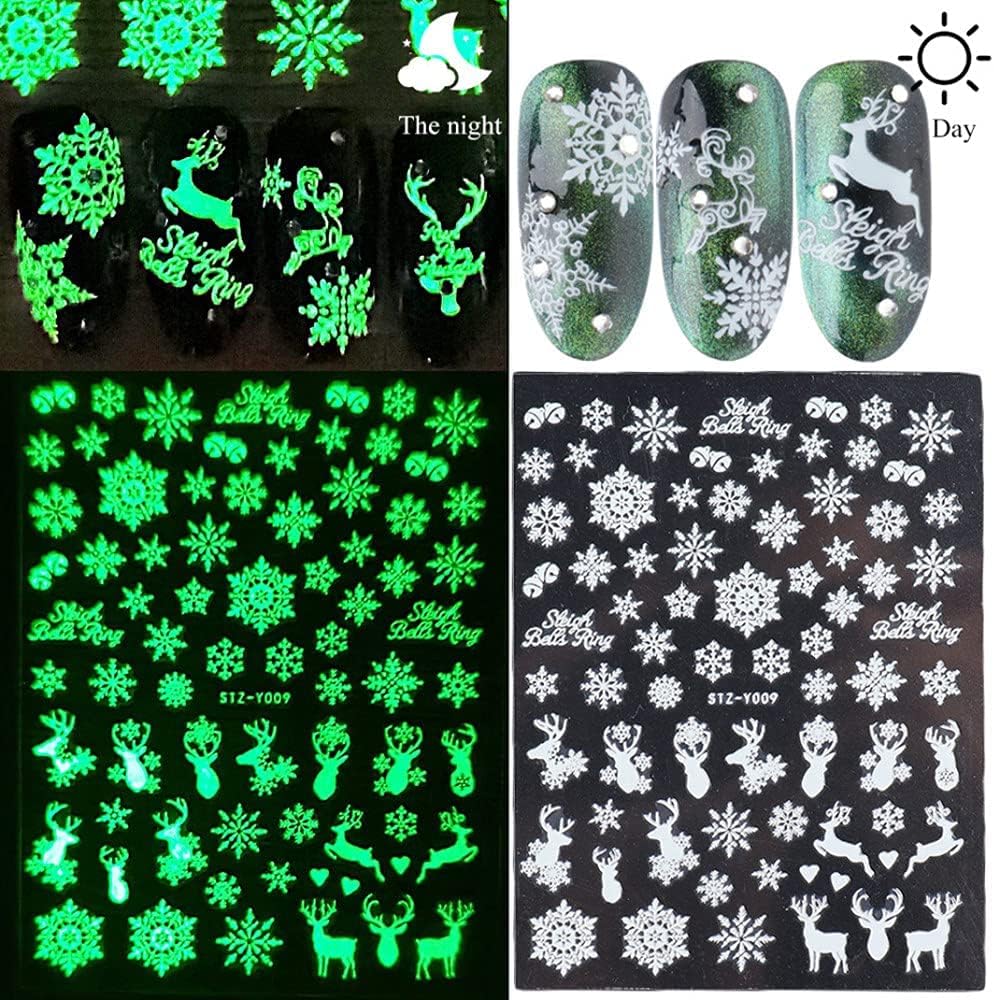 9 Sheets Christmas Glow in The Dark Nail Art Stickers Decals Self-Adhesive Pegatinas Uñas Navidad Winter Holiday Xmas Snowflake Nail Supplies Nail Art Design Decoration Accessories