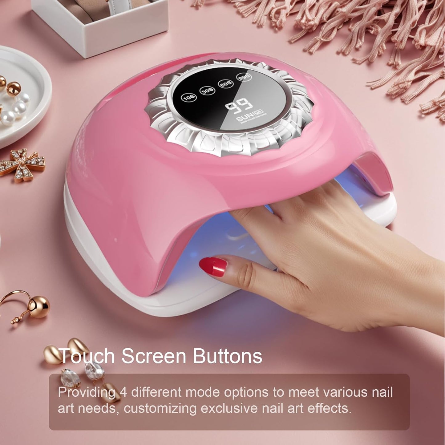 Pink UV LED Nail Lamp – Elegant Touch Screen Nail Dryer with 4 Timer Settings, Detachable Base & Dual Light Beads for Quick Gel Polish Curing – Salon-Quality Manicure at Home