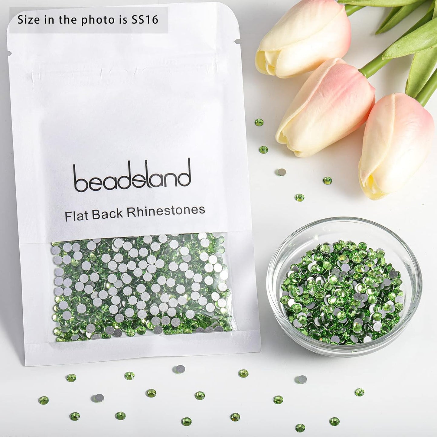 Beadsland 1440pcs Flat Back Crystal Rhinestones Round Gems for Nail Art and Craft Glue Fix,Light Green,SS16,3.8-4.0mm