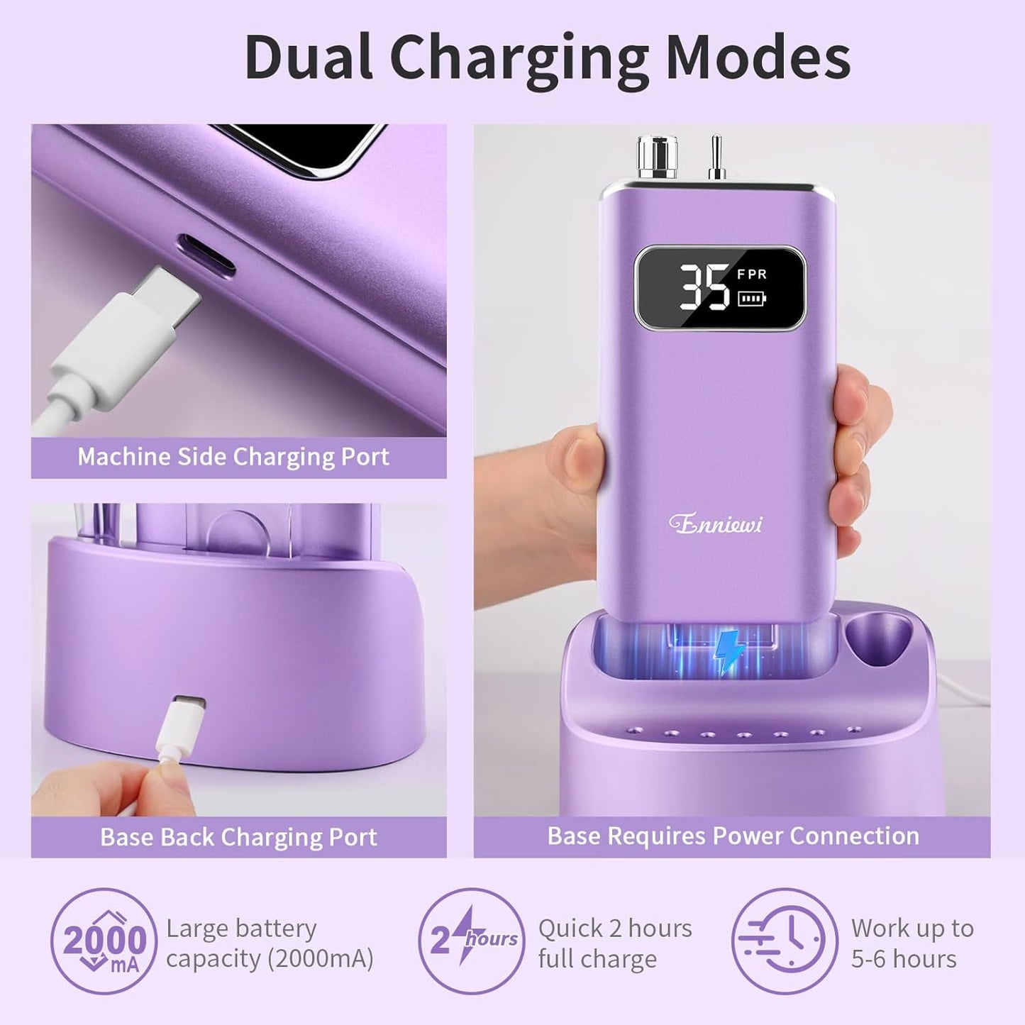Electric Nail Drill File, Professional Portable Nails Drills Kit with Rechargeable Stand 7 Bits, Cordless E Filer for Gel Acrylic uñas Nails Remover Home Salon Manicure Pedicure Tools, Purple