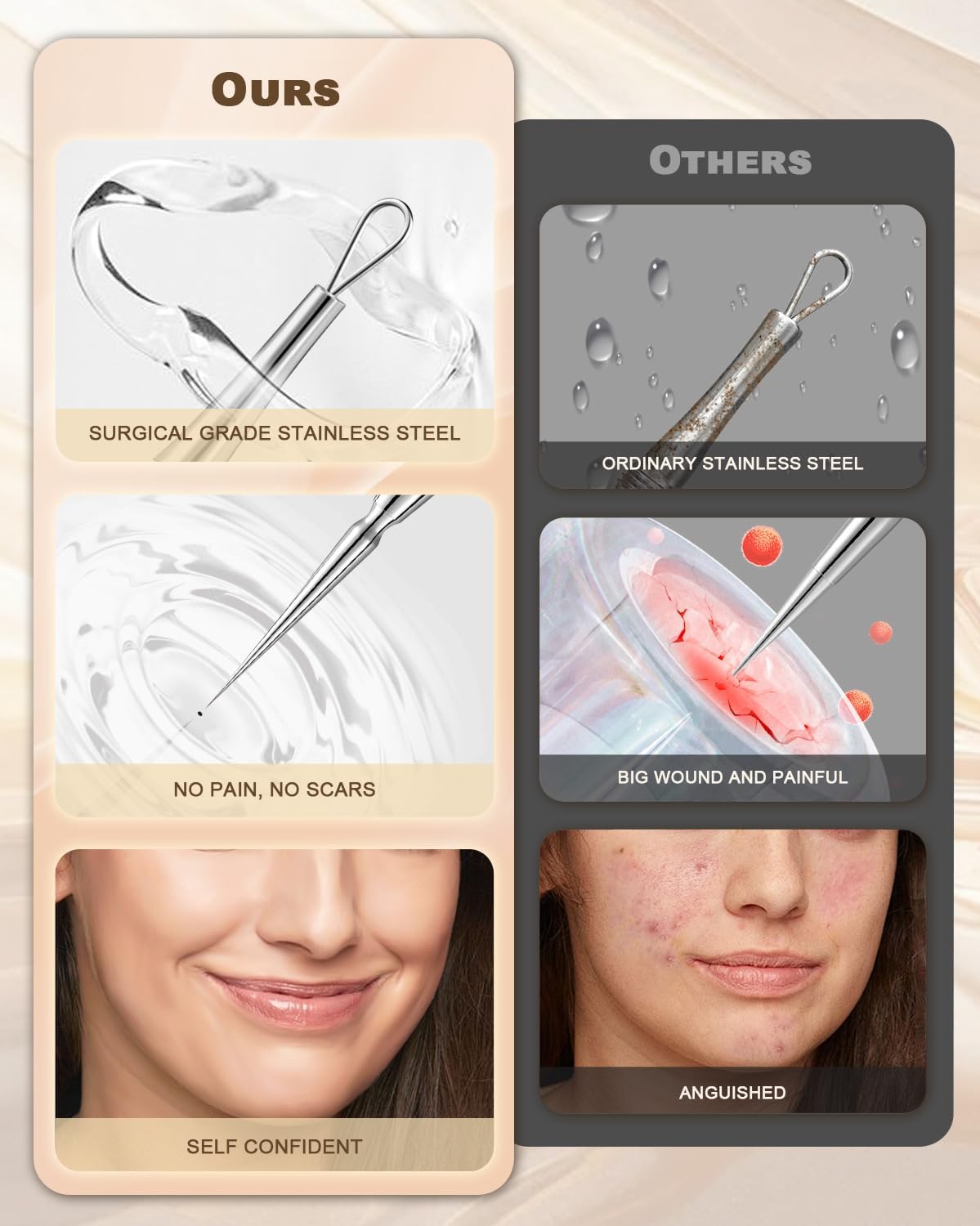 SGNEKOO Professional Facial Milia Removal Tool and Whitehead Extractor,Titanium Alloy Double Ended Needle and Steel Tweezers Kit,Blackhead,Blemish,Zit and Pimple Acne Remover Popper (Stainless Silver)