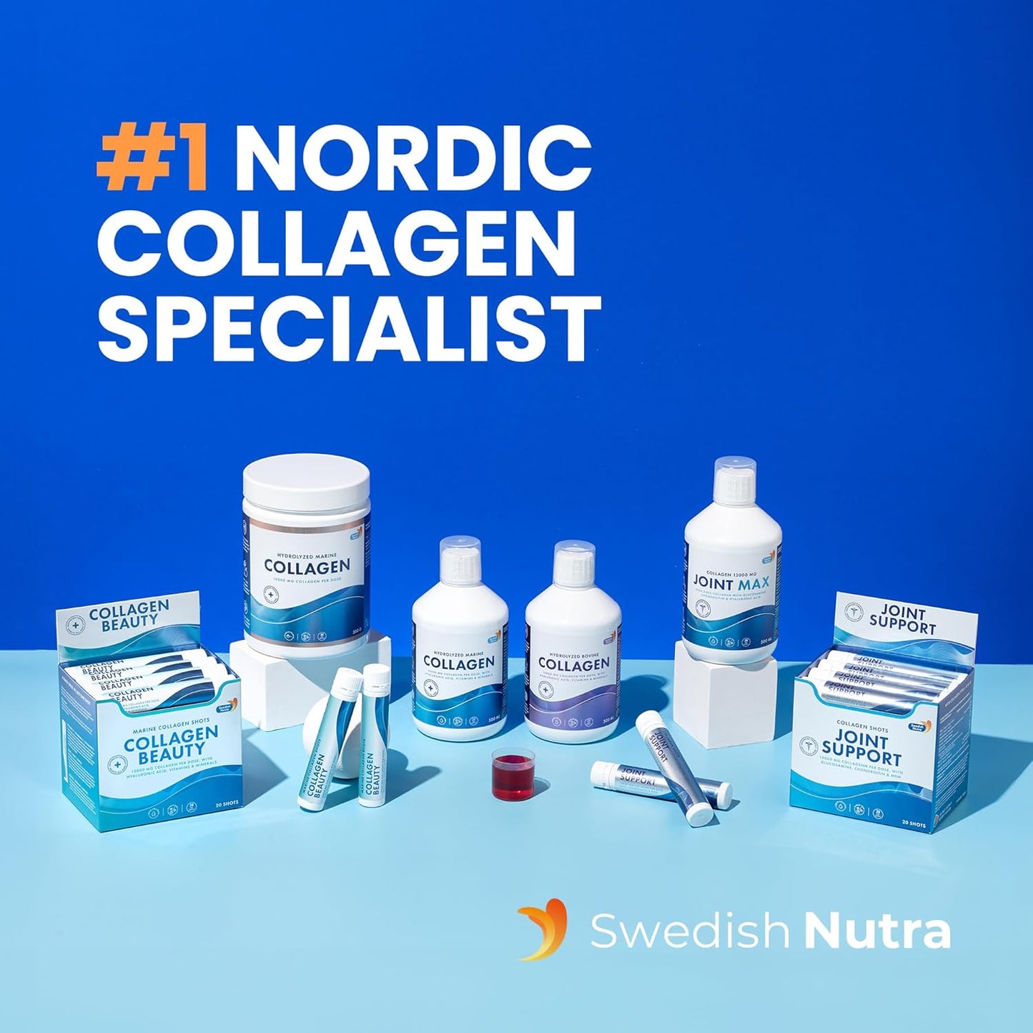 Swedish Nutra - Collagen Beauty | 10,000 mg Hydrolyzed Marine Collagen Liquid Supplement - 30 x 25 ml Daily Shots | Hyaluronic Acid and Vitamin C to Support Healthy Hair, Skin, Nails | Sugar-Free