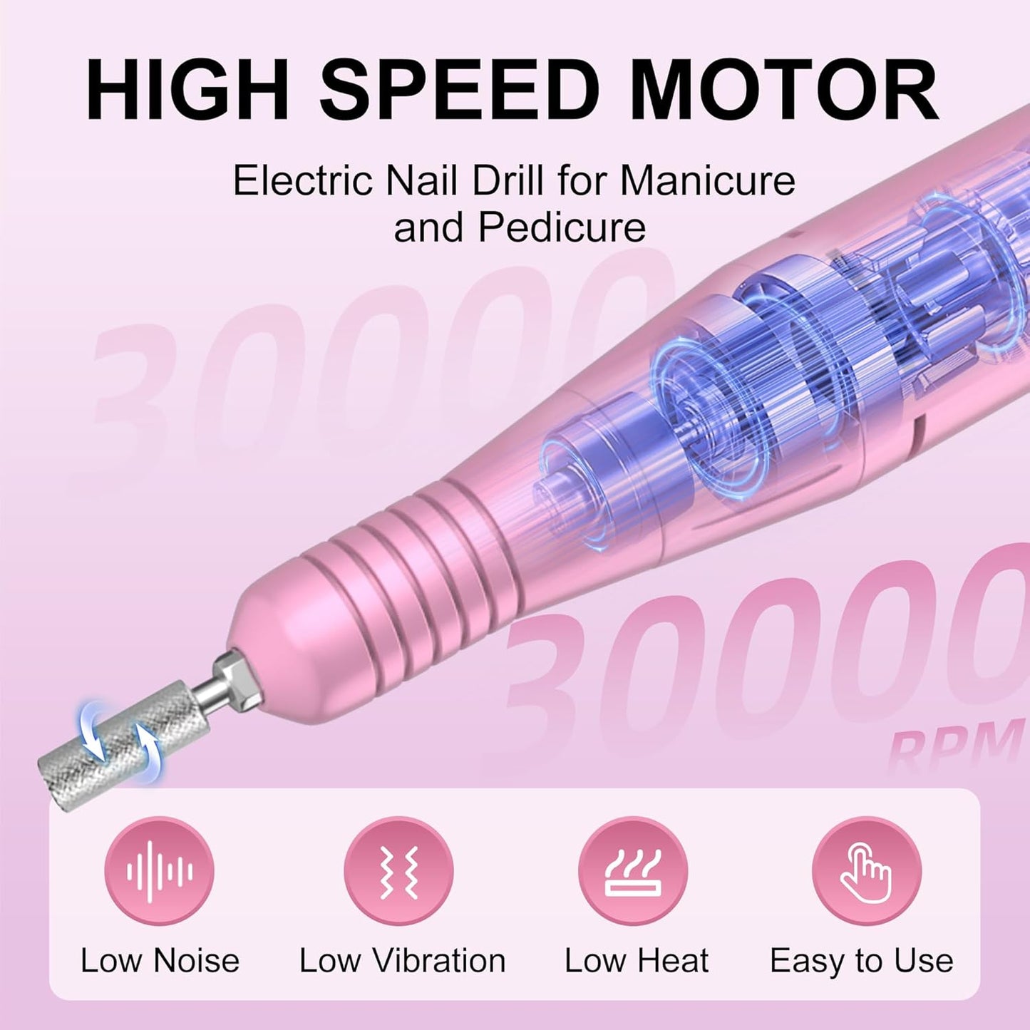 Professional Electric Nail Drill File:COSYGLOW Glitter Portable Cordless E-File Nail Drill Kit with 11 Drill Bits,30000 RPM Rechargeable Nail Drills Machine for Acrylic Nails Gel Polishing (Pink)