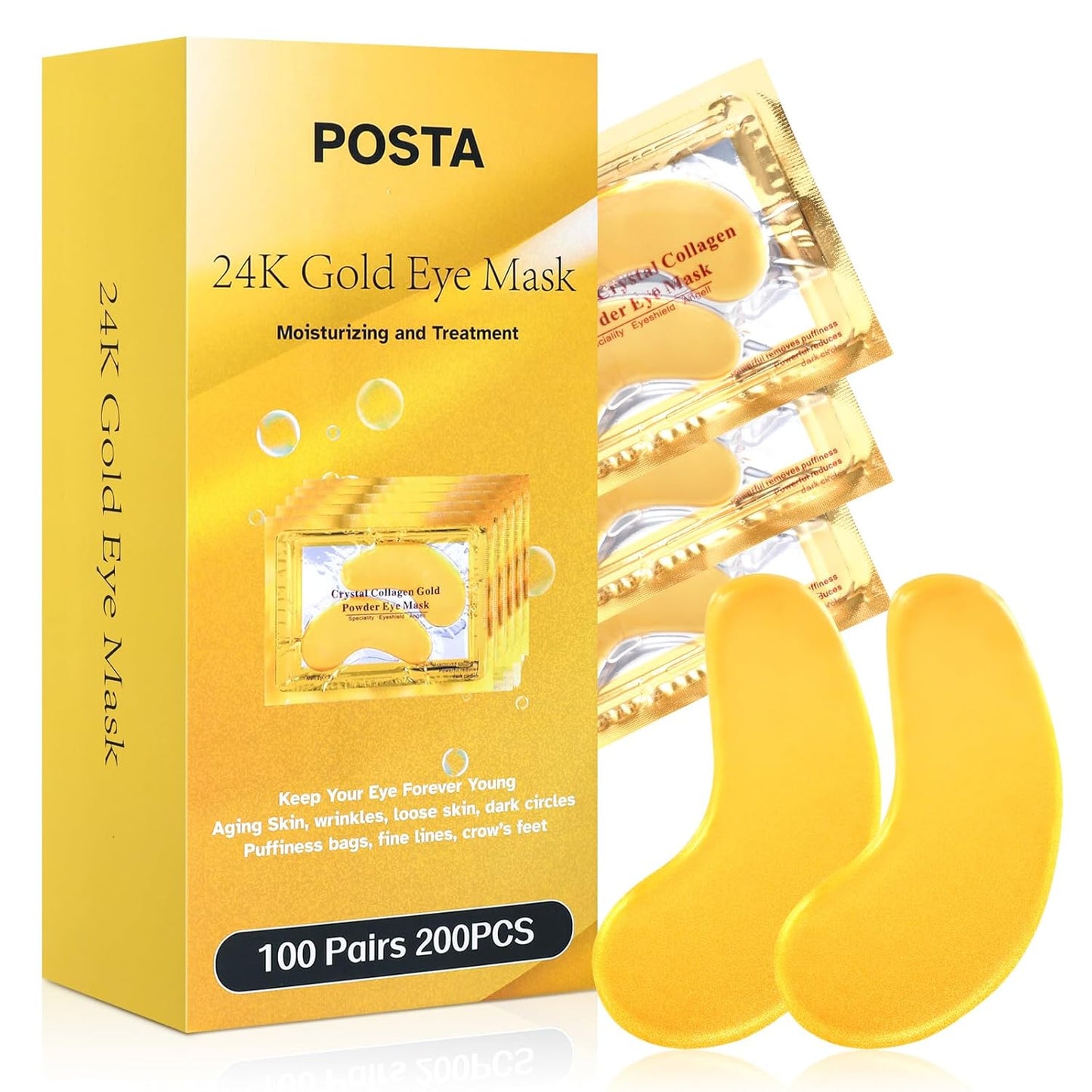 100 Pairs/200PCS 24K Gold Eye Mask Patches, Collagen Under Eye Mask for Dark Cirlce, Puffiness, Refresh, Revitalizing, Travel, Wrinkles, Eye Patches for Women & Men