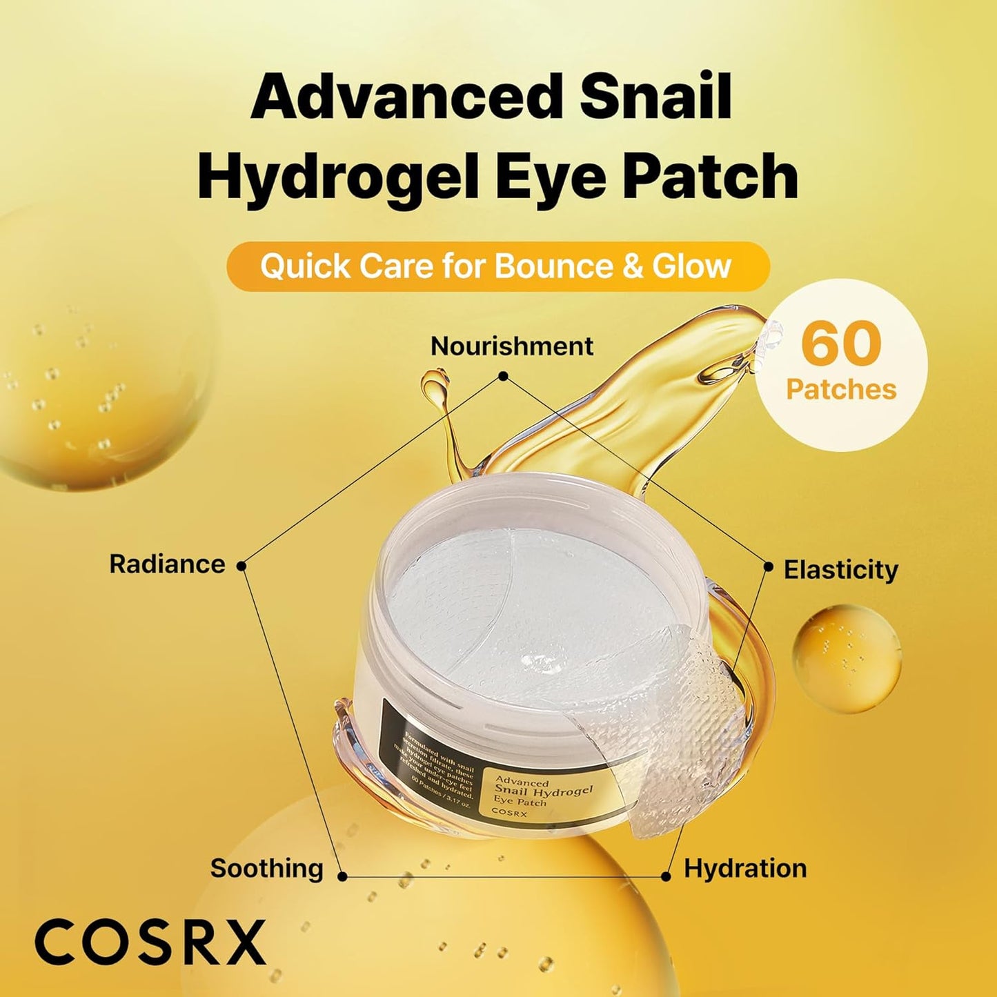 COSRX Advanced Snail Hydrogel Eye Patch (60pc), Gel Serum Mask, Puffy Undereye Treament, Fine Lines, Refresh, Hydrate| Paraben free, Korean Skin Care