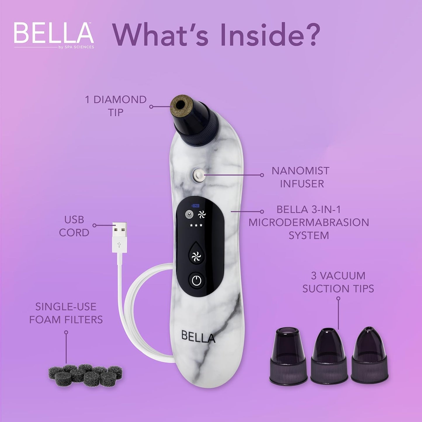 Spa Sciences - BELLA Microderm Pore Extractor & Nano Mister - 3-in-1 - Exfoliation & Pore Purification - Hydrating, Refreshing, Soothing - for All Skin Types - USB Charging