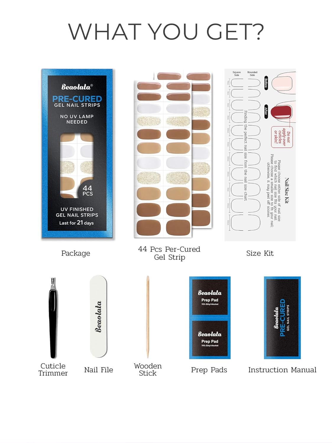 Pre Cured Gel Nail Strips - 44PCS Salon Quality Gel Nail Stickers - Long Lasting Polish Wraps for Women no UV Light Needed Easy Apply& Remove (Cinnamon Brown）